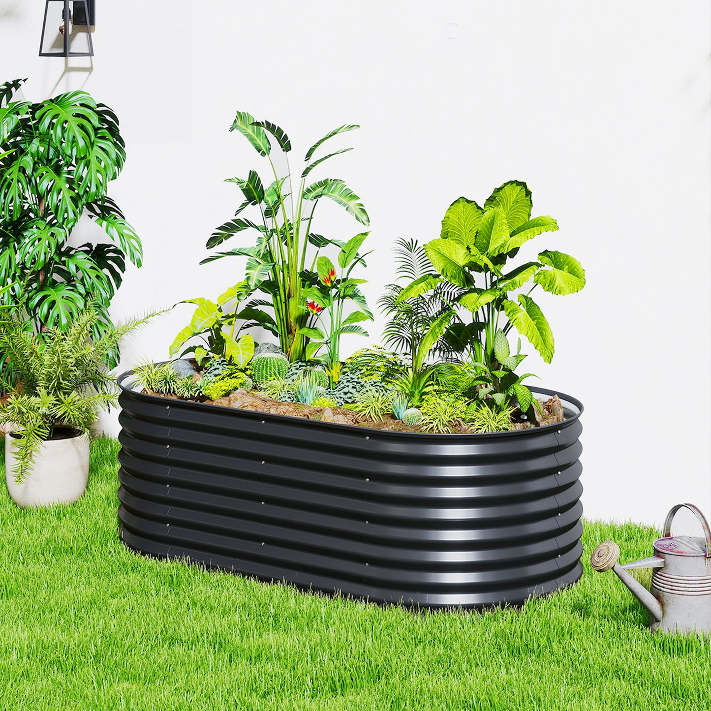 5 x 2.5 x 2 ft Galvanized Raised Garden Bed, Easy DIY Oval Planter Box with Safety Edging and Gloves, Black