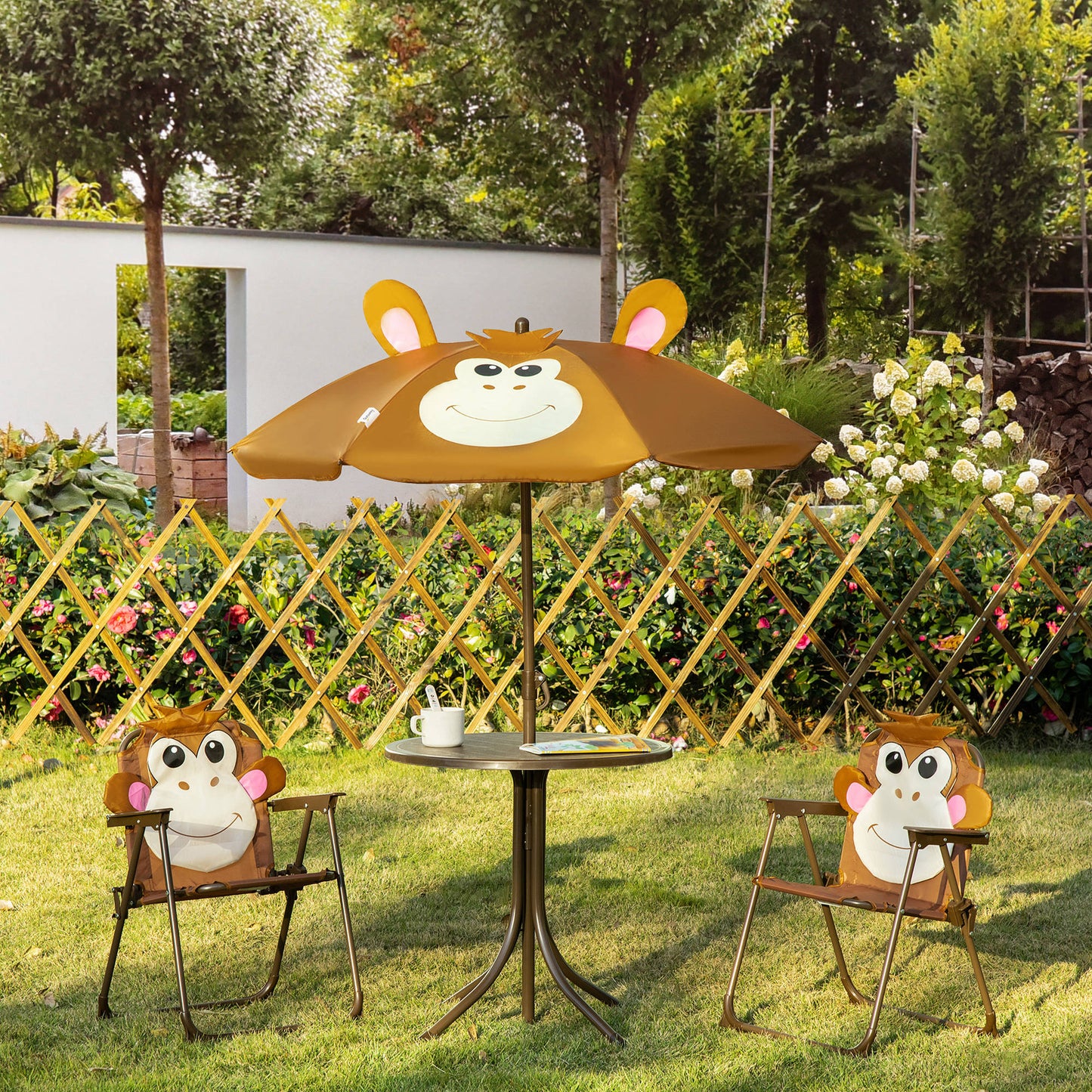 Kids Folding Picnic Table and Chair Set Pattern Outdoor Garden Patio Backyard with Removable & Height Adjustable Sun Umbrella Brown