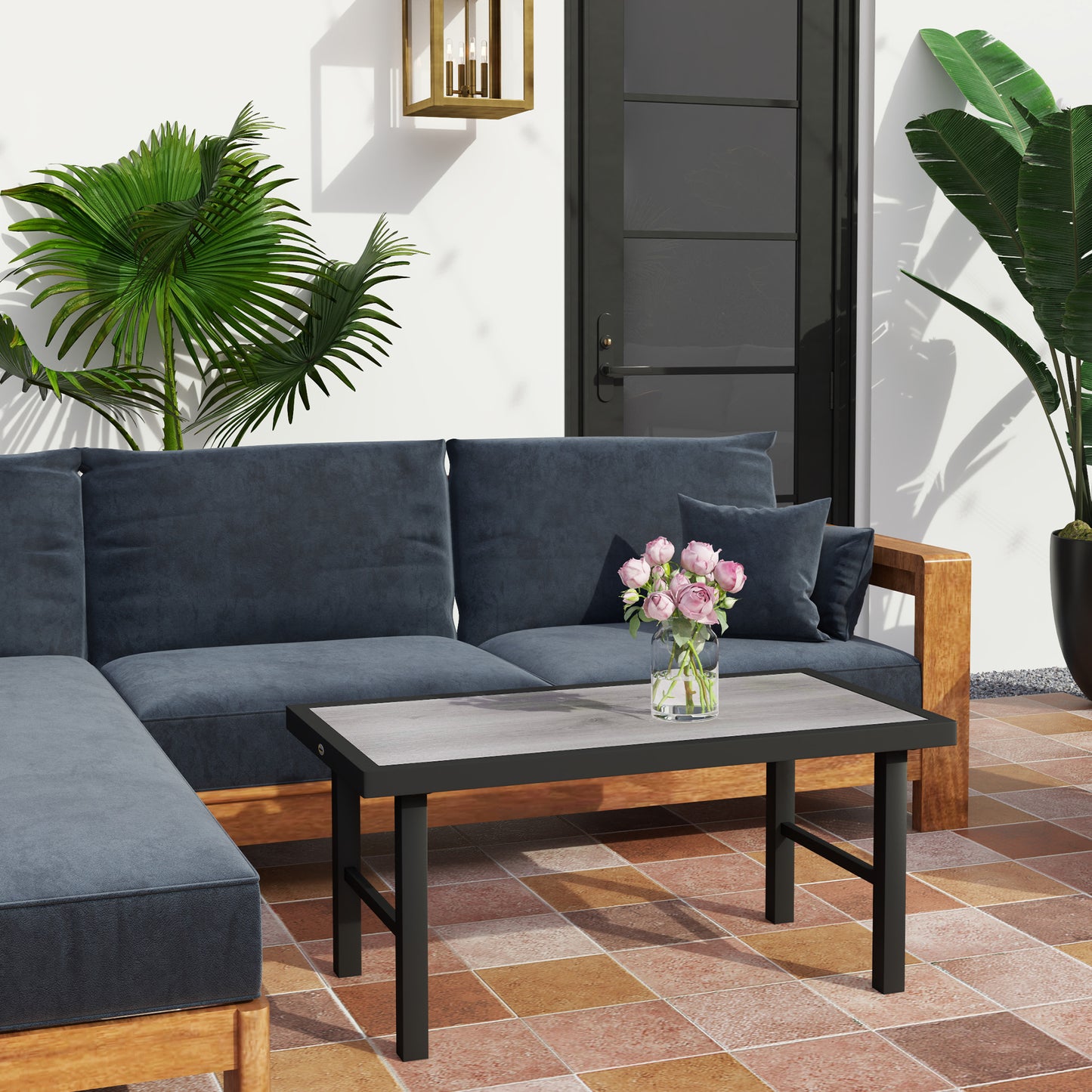 Outdoor Side Table with SPC Woodgrain Tabletop, Metal Patio Coffee Table for Outside Garden, Distressed Grey