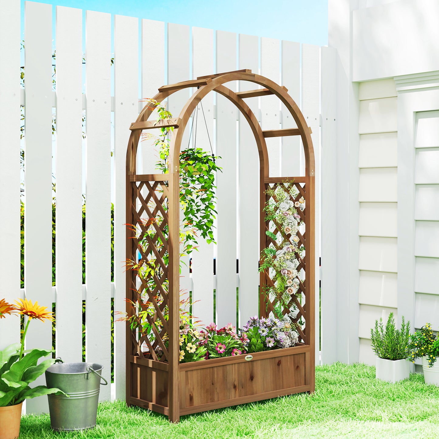 Raised Garden Bed with Arch Trellis, Freestanding Garden Planter Box, Outdoor Planter Container, Dark Brown Wood Effect