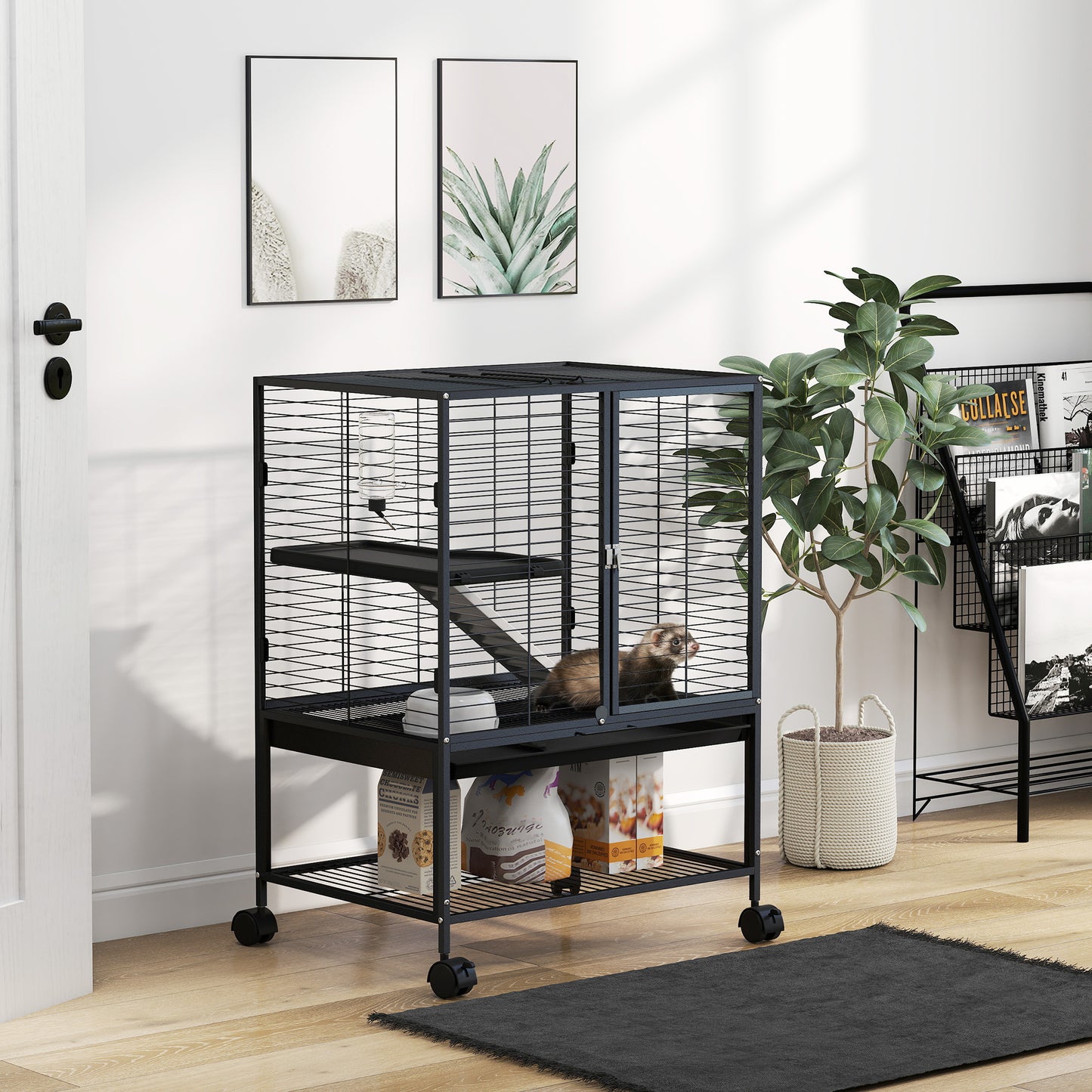 Rolling Small Animal Cage 34"H Chinchilla Cage for Ferrets, Squirrels w/ Removable Tray, Storage Shelf, Black
