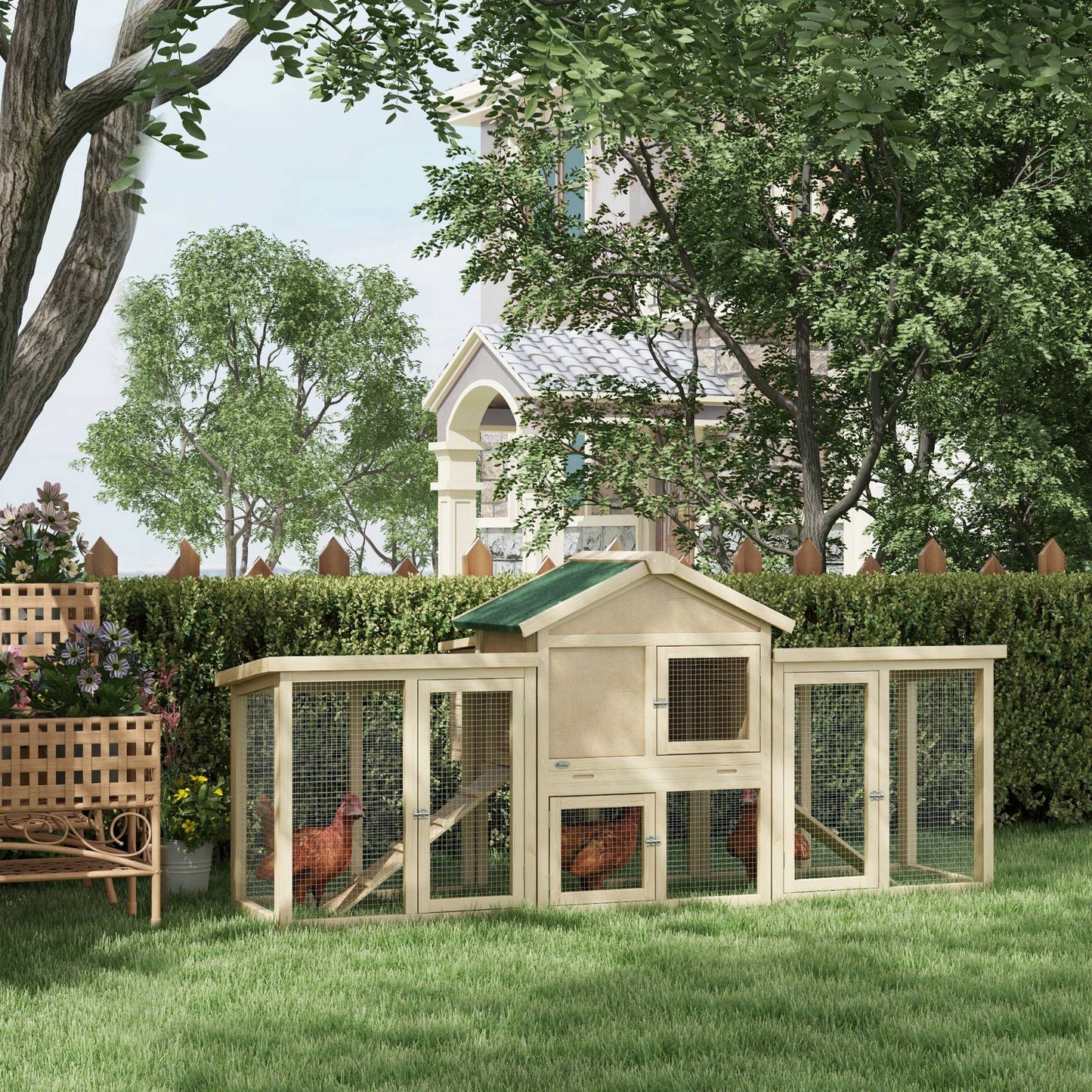 Wooden Chicken Coop, Outdoor Backyard Garden Large Rabbit Hutch with Nesting Box, Run, Ramp, Drawer