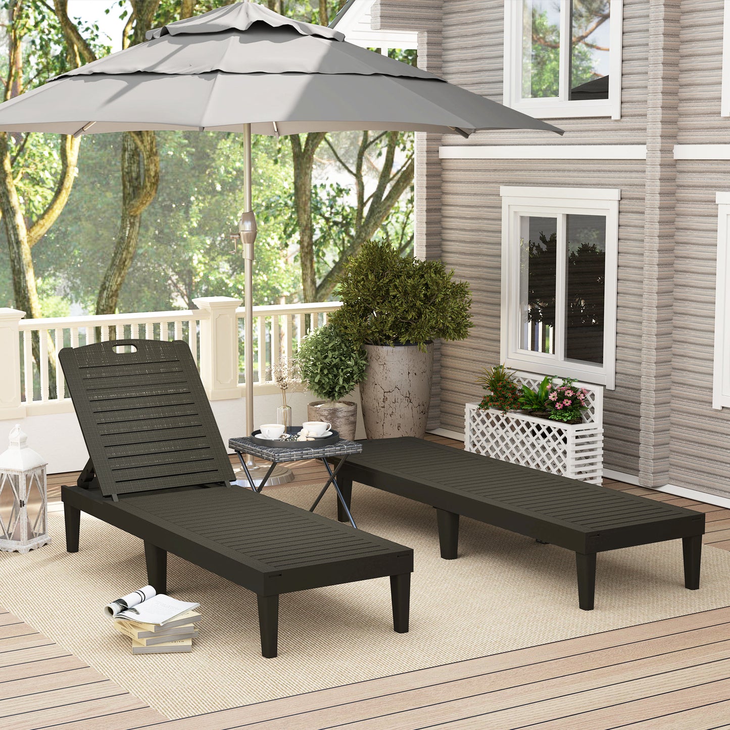 Outdoor Lounge Chair Set of 2, Waterproof Resin Lounge Chairs with 4-Position Adjustable Backrest for Backyard, Black