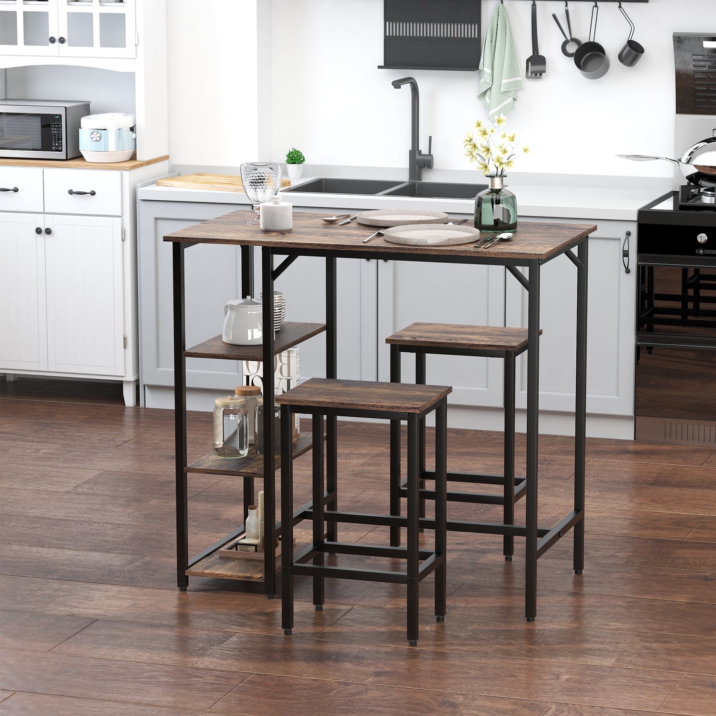 Industrial Dining Table Set for 2, Bar Table and Stools Set, Counter Height Kitchen Table with Chairs with Storage Shelf, Rustic Brown