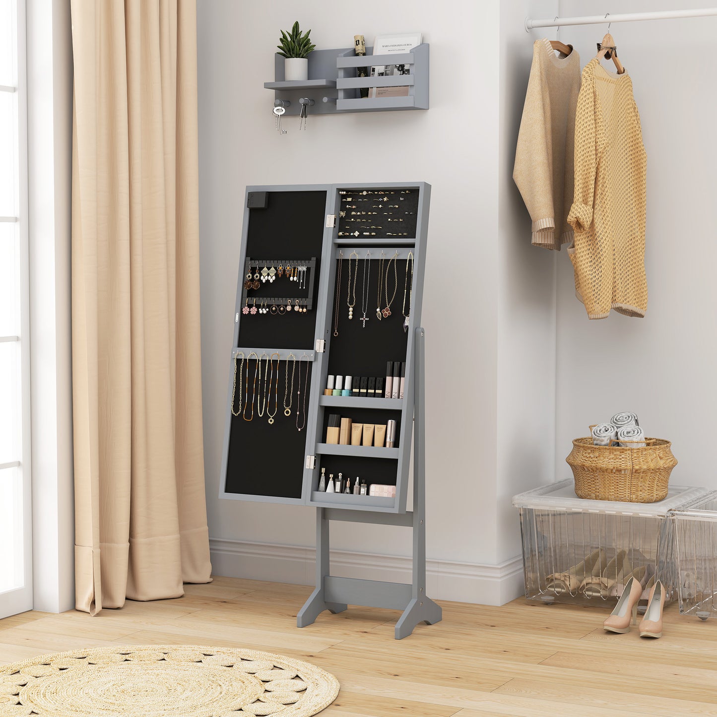 Free Standing Armoire Organizer, Lighted Mirrored Jewelry Cabinet w/ Angle Adjustable & 16 LED Lights, Grey