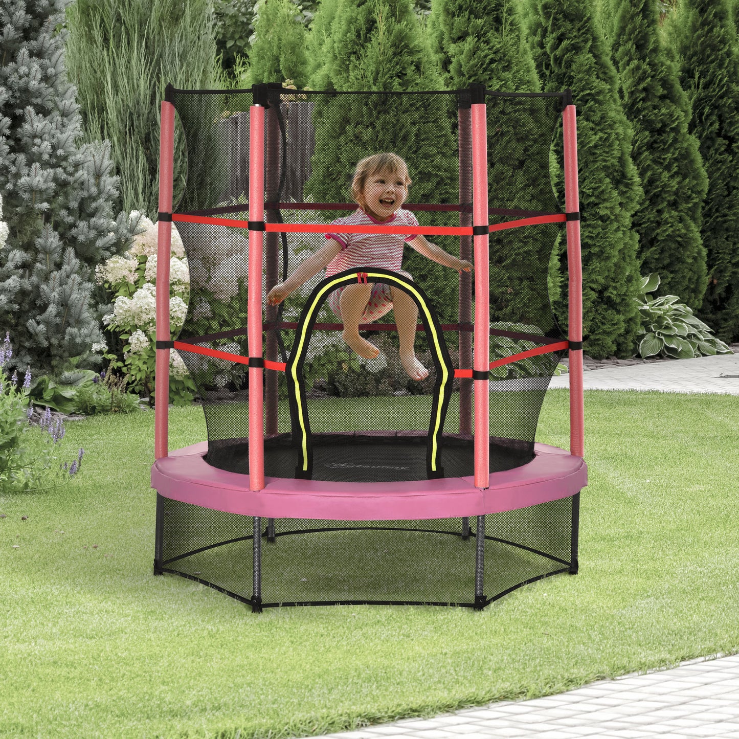 55" Kids Trampoline with Enclosure Net for Indoor/Outdoor, Trampoline for Boys and Girls Age 3-6 Years, Pink