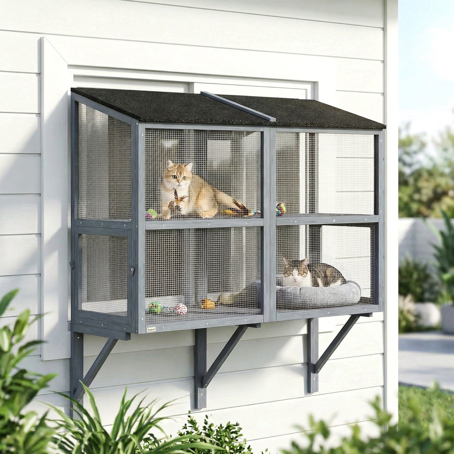 Catio Outdoor Cat Enclosure Wall-Mounted 2-Level Outdoor Cat House with Waterproof Roof 51.2" Grey