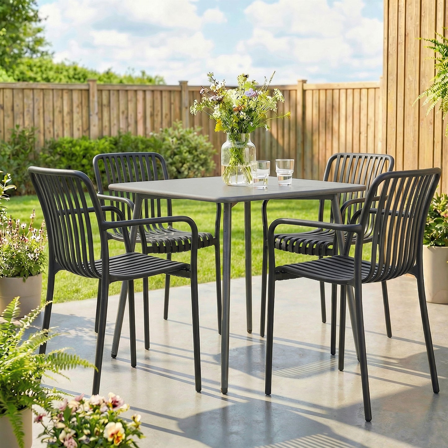 Stackable Patio Chairs Set of 4, Outdoor Dining Chairs with Slatted Seat, Curved Backrest, Armrests, Black