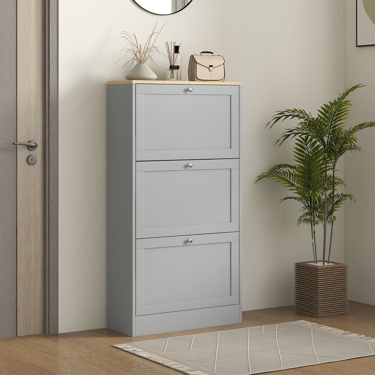 Modern Shoe Storage with 3 Flip Drawers and Adjustable Shelves, Shoe Cabinet Organizer for 12-18 Pairs of Shoes, Grey