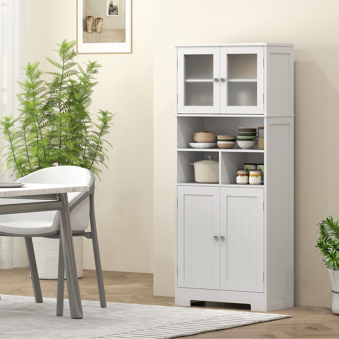 57" Kitchen Pantry, Freestanding Pantry Storage Cabinet with Glass Doors, Adjustable Shelves, Open Compartments, White