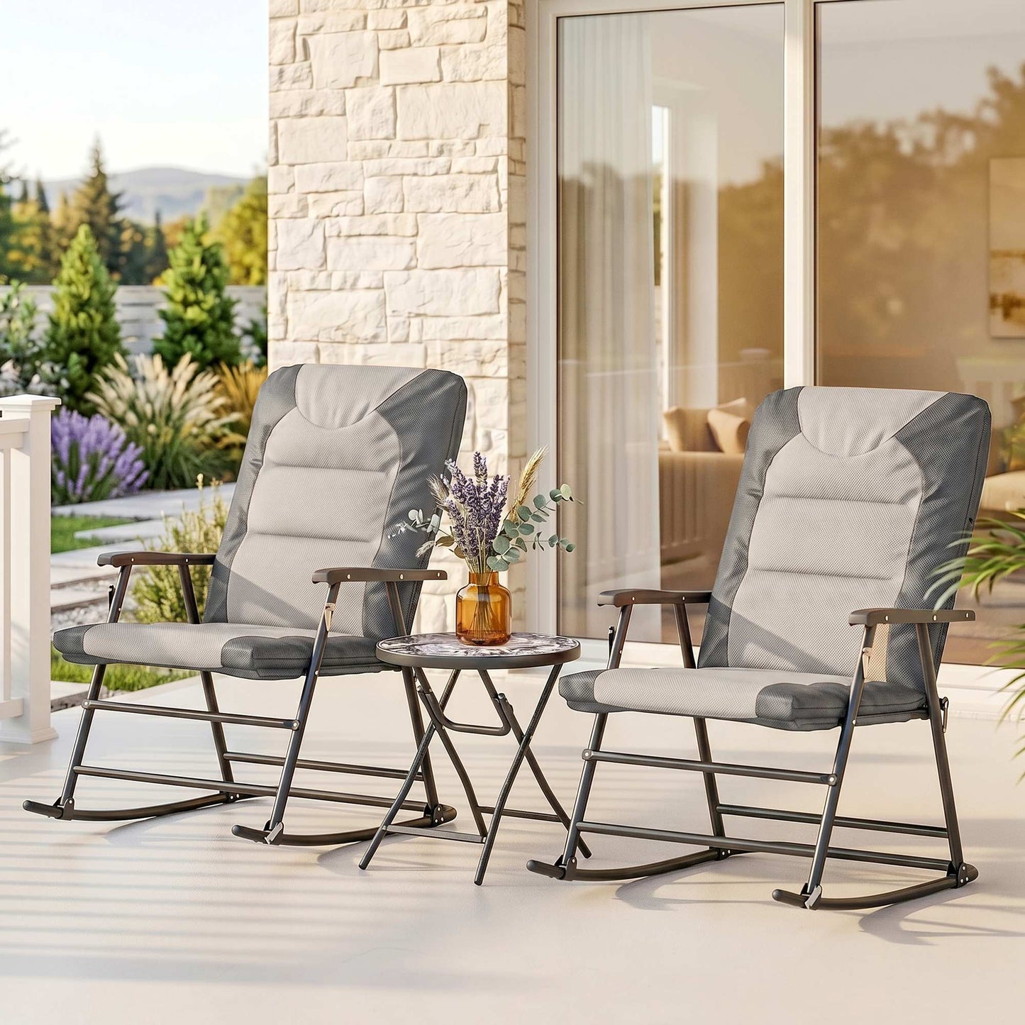 3-Piece Outdoor Foldable Rocking Chair Set, Light Grey