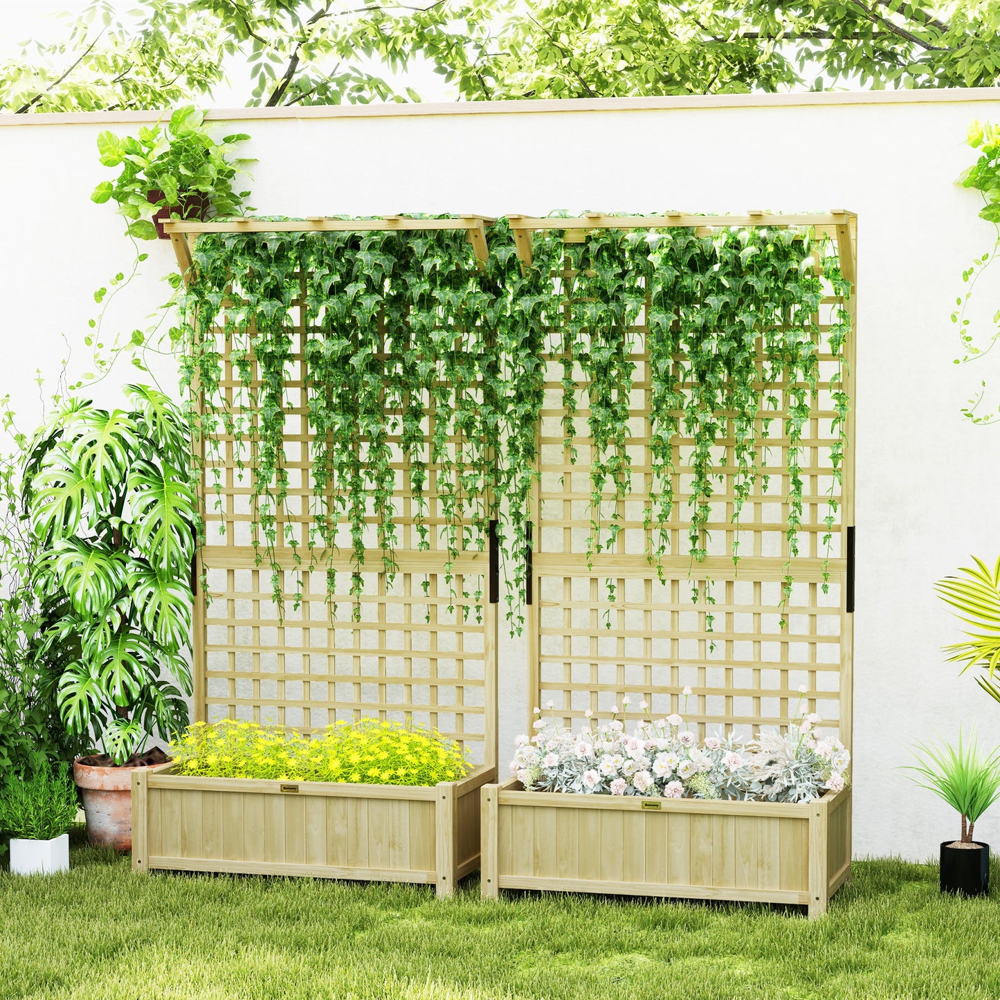 Wood Planter with Trellis for Vine Climbing, Raised Garden Bed, Privacy Screen for Backyard, Patio, Deck, Natural Wood