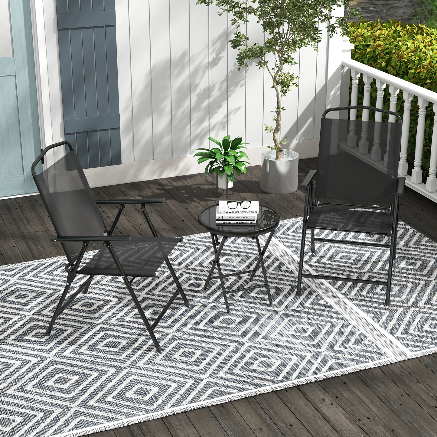 3 Pieces Bistro Set, Foldable Patio Furniture Set with Mesh Chairs, Glass Table for Garden, Balcony, Black