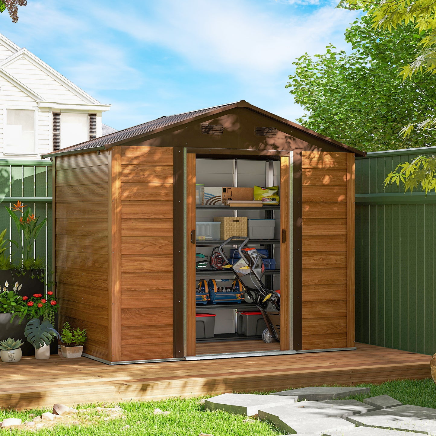 7.7' x 6.5' Outdoor Metal Garden Shed with Lock and Ventilation Gardening Tool Storage, Dark Brown