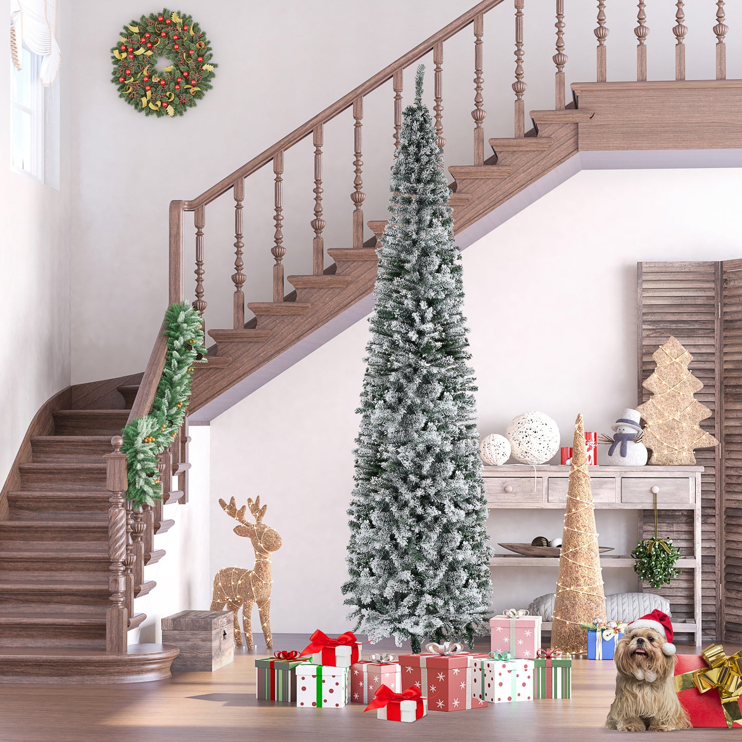9ft Flocked Christmas Tree, Pencil Christmas Tree with Realistic Branch Tips, Folding Metal Stand, Green