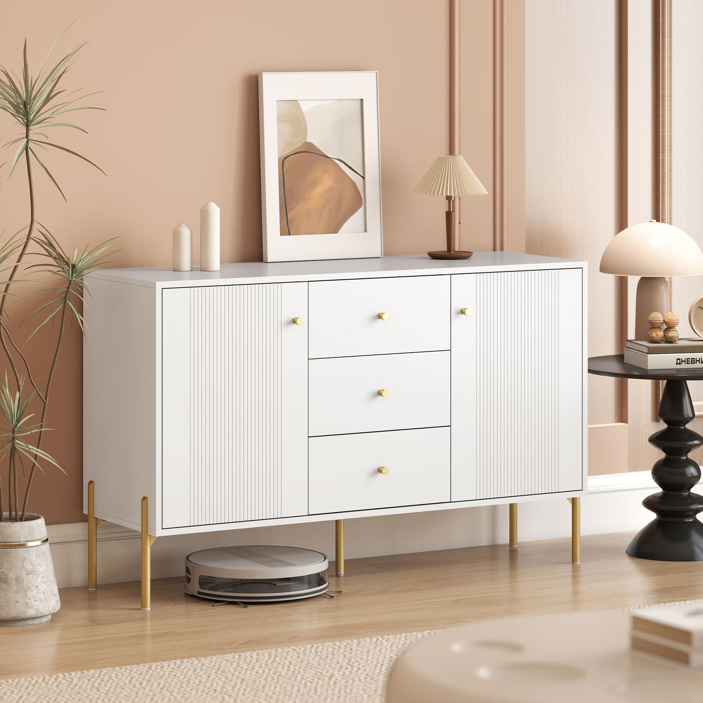 Buffet Cabinet, Modern Sideboard with 3 Soft-Close Drawers and 2 Adjustable Shelves for Living Room, Kitchen, White