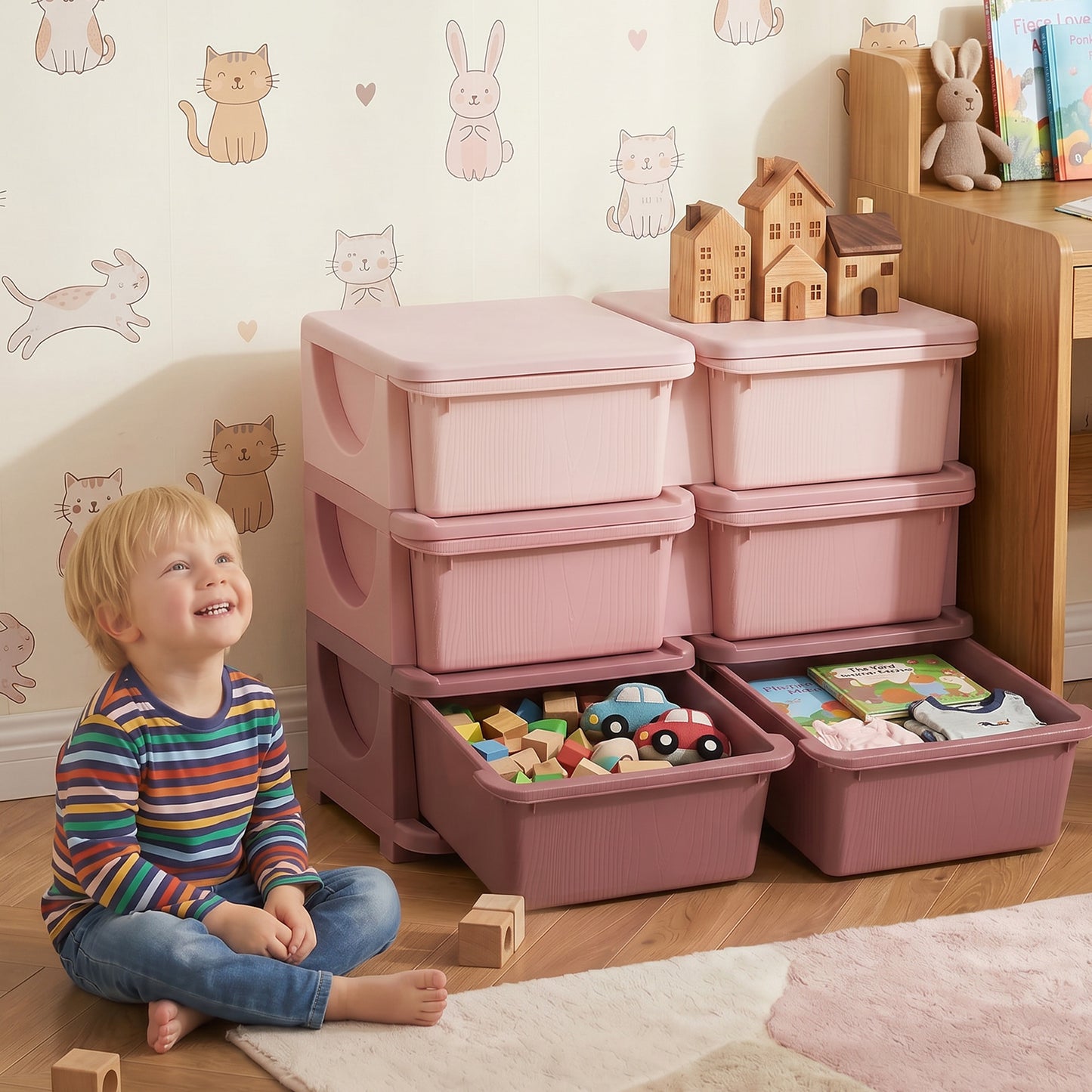 Qaba 3 Tier Kids Toy Organizer and Storage Bins with 6 Plastic Drawers, Pink