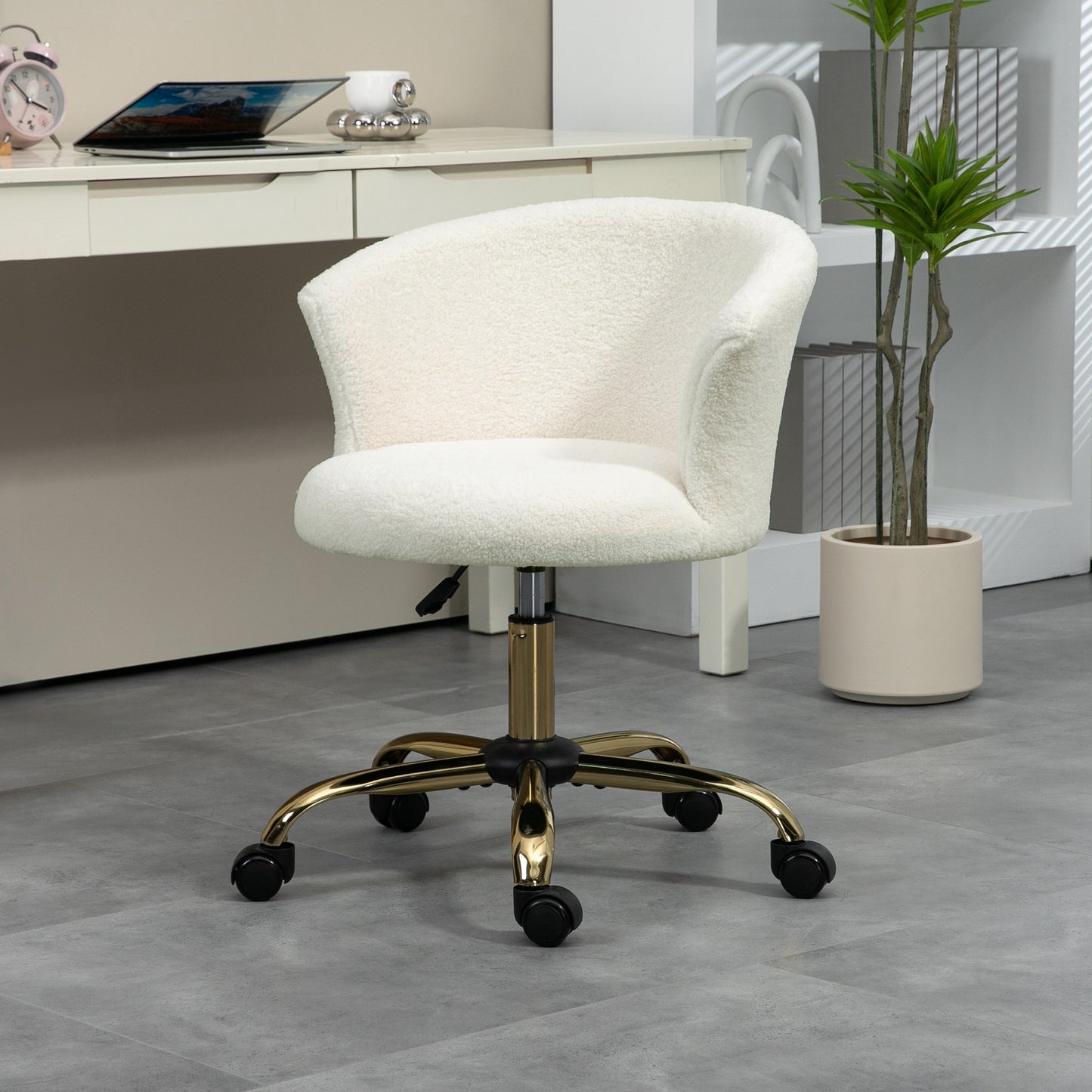 Armless Office Chair, Fluffy Computer Desk Chair with Adjustable Height, Swivel Wheels, Mid Back, Gold