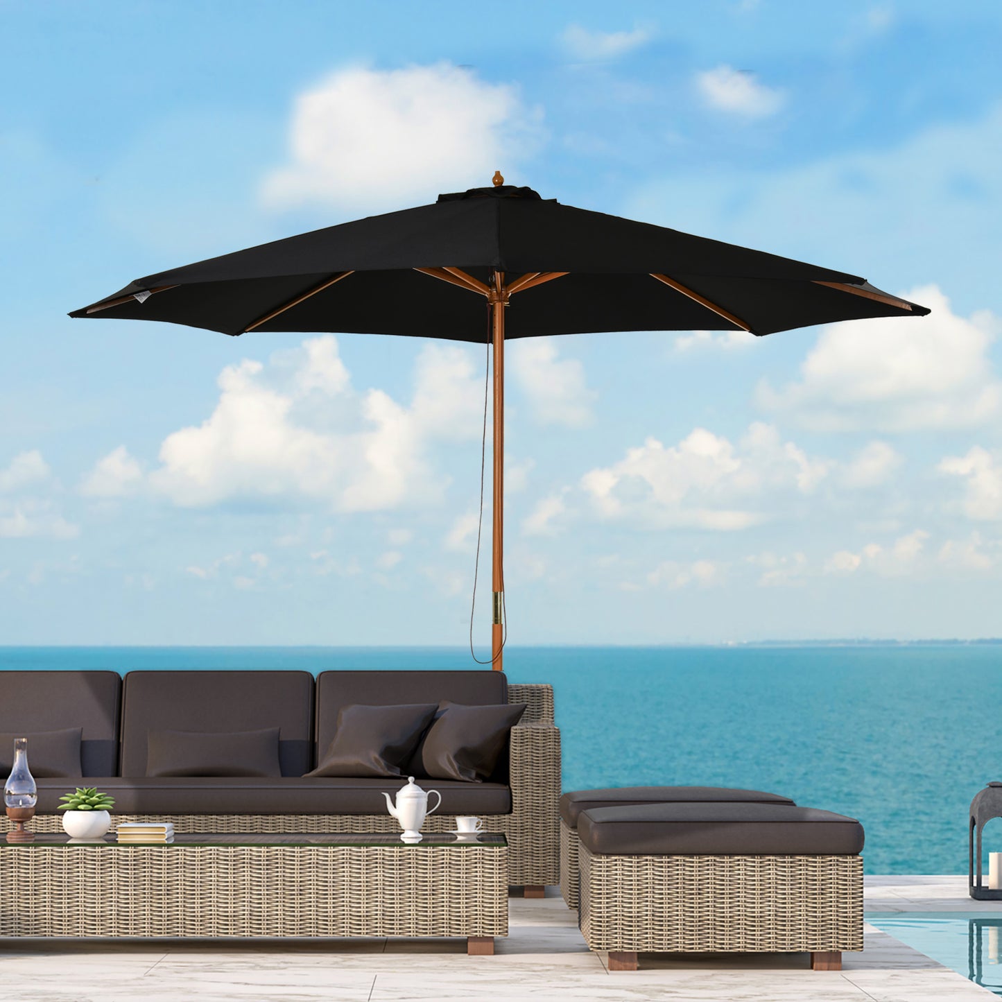 10' x 8' Wooden Patio Umbrella, Garden Parasol, Outdoor Sunshade Canopy with Bamboo Rib for Outdoor, Black