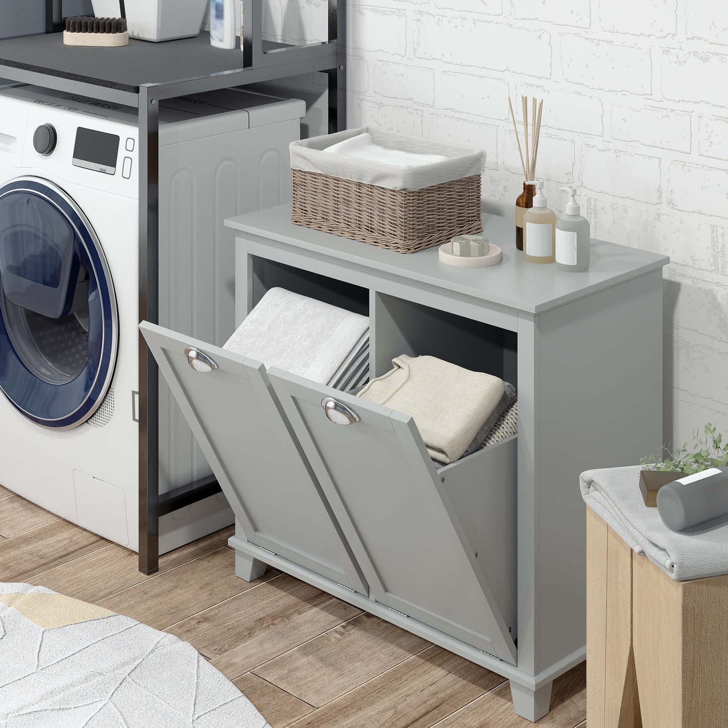 Tilt-Out Laundry Storage Cabinet, Bathroom Storage Organizer with Two-Compartment Tilt Out Hamper, Grey