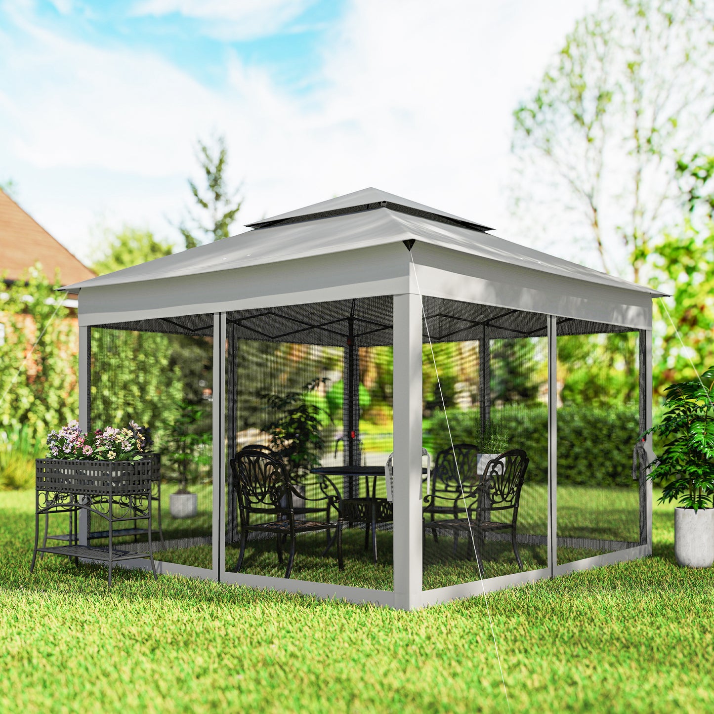 11' x 11' Pop Up Canopy 2-Tier Soft Top Shelter Event Tent w/ Netting Carry Bag for Patio Backyard Garden, Light Grey