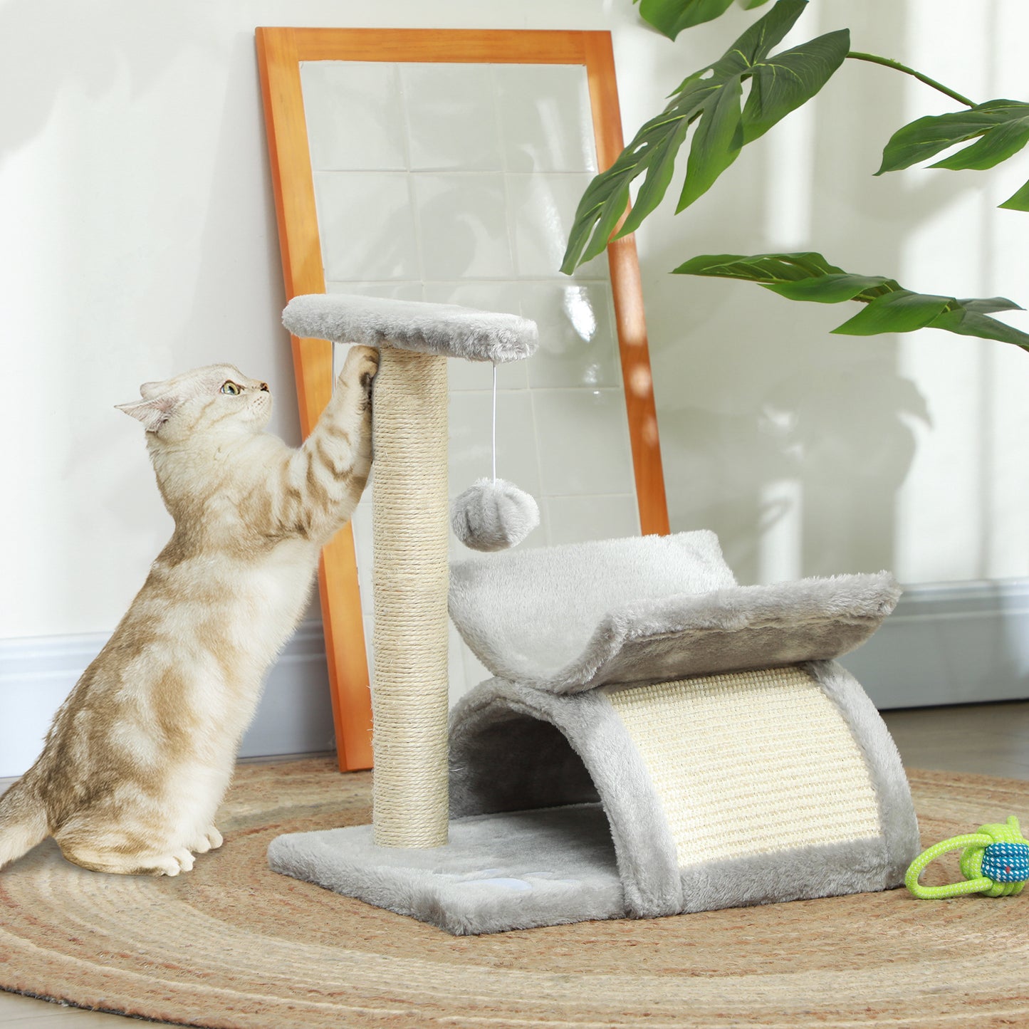 17" Small Cat Tree with Scratching Post, Cat Tower with Rotatable Top Pole, Platform, 2 Dangling Balls, Light Grey