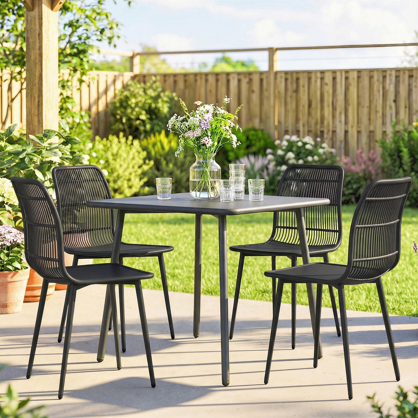 Set of 4 Outdoor Patio Dining Chairs, Durable Garden Chairs with Slotted Backrest Design for Dining Room, Kitchen and Outdoor Use, Black