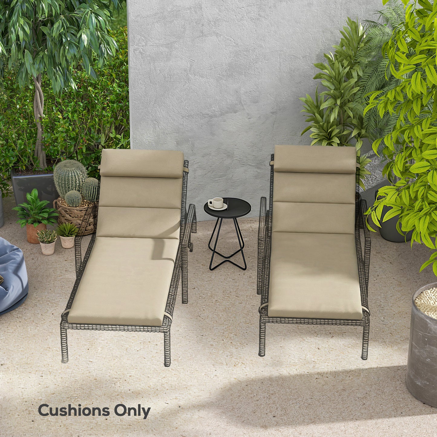 Patio Chaise Lounge Chair Cushions Replacement Sun Lounger Pads with Headrest and Ties, Set of 2, Beige