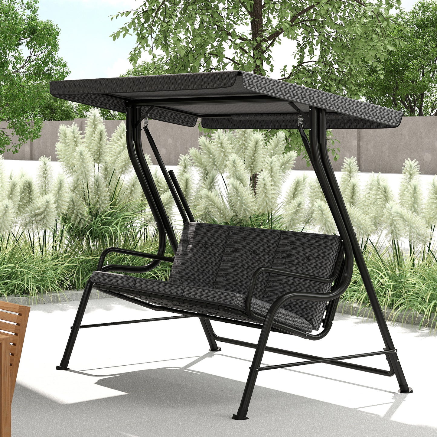3-Person Porch Swing Chair, Patio Swing Bench with Adjustable Canopy, Removable Thicken Cushion and Weather Resistant Steel Frame for Outdoor, Garden, Poolside, Grey