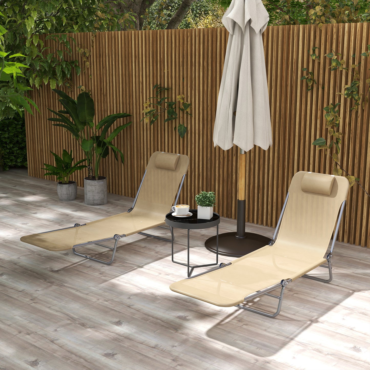 Folding Outdoor Lounge Chair Set of 2, Reclining Tanning Chair with 5-Position Adjustable Backrest, Brown