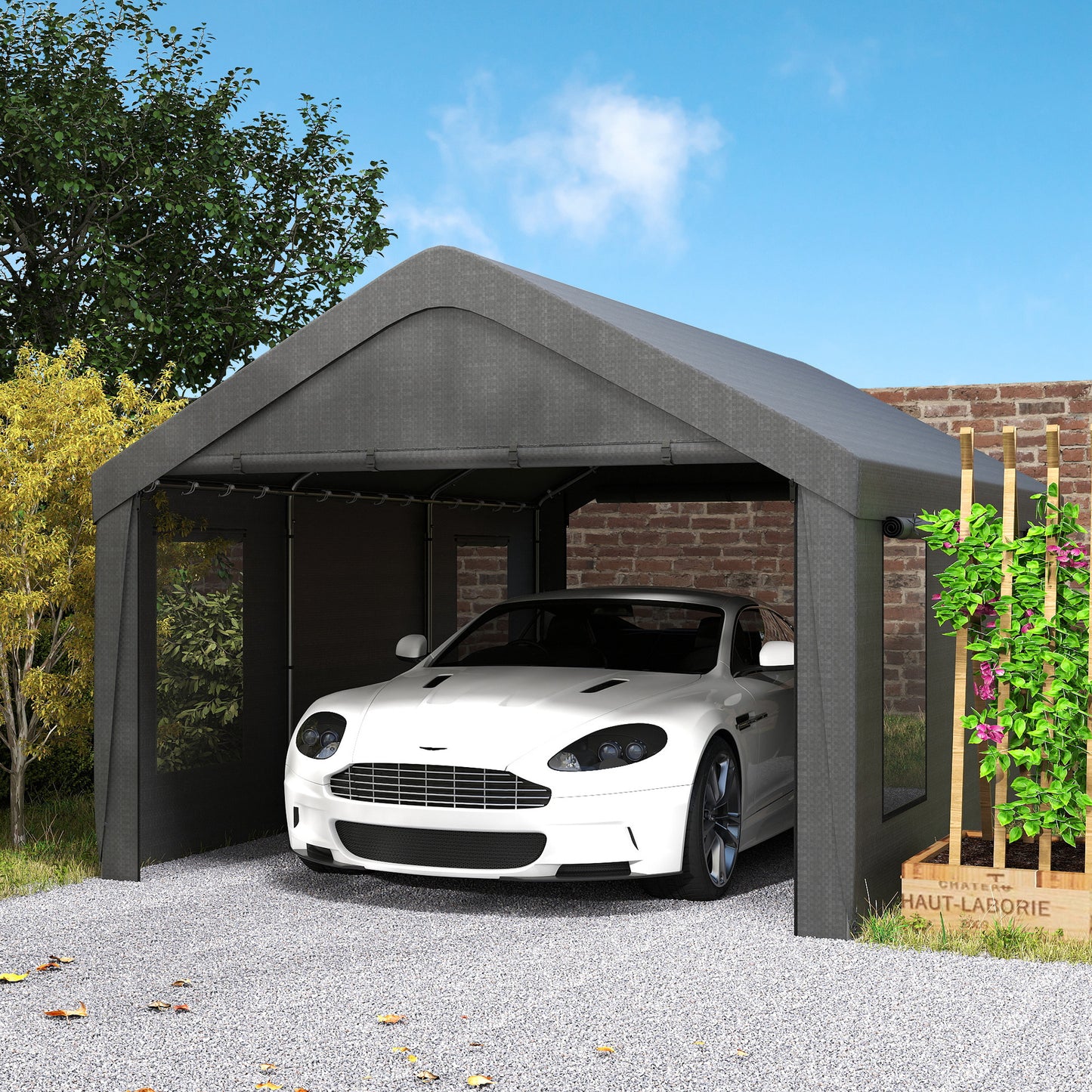 12 x 20ft Carport with 2 Roll-Up Doors, 4 Windows, Portable Garage with Removable Sidewalls for Car, Truck, Dark Grey