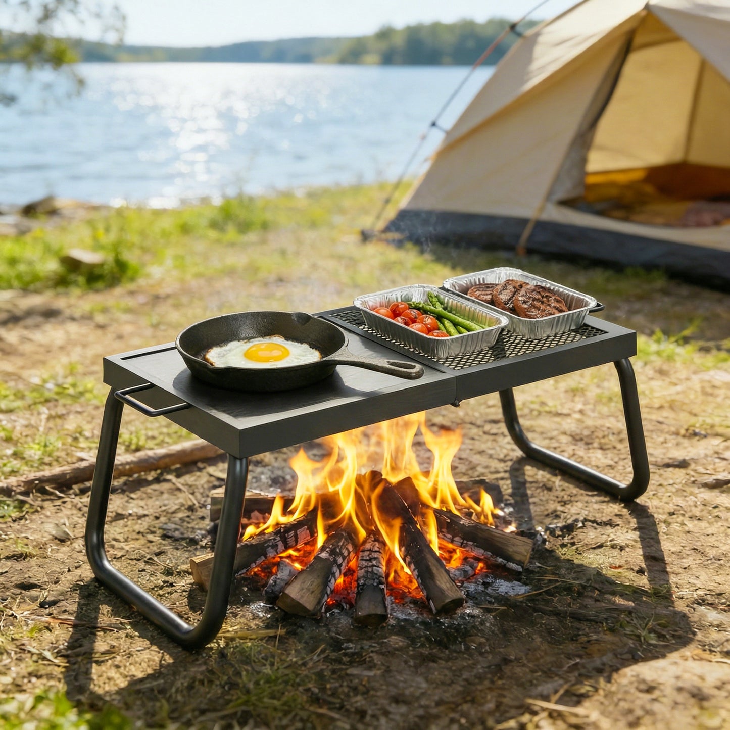 Folding Campfire Grill, Heavy Duty Steel Mesh Grate, Portable Camping Grate with Carry Bag, Black