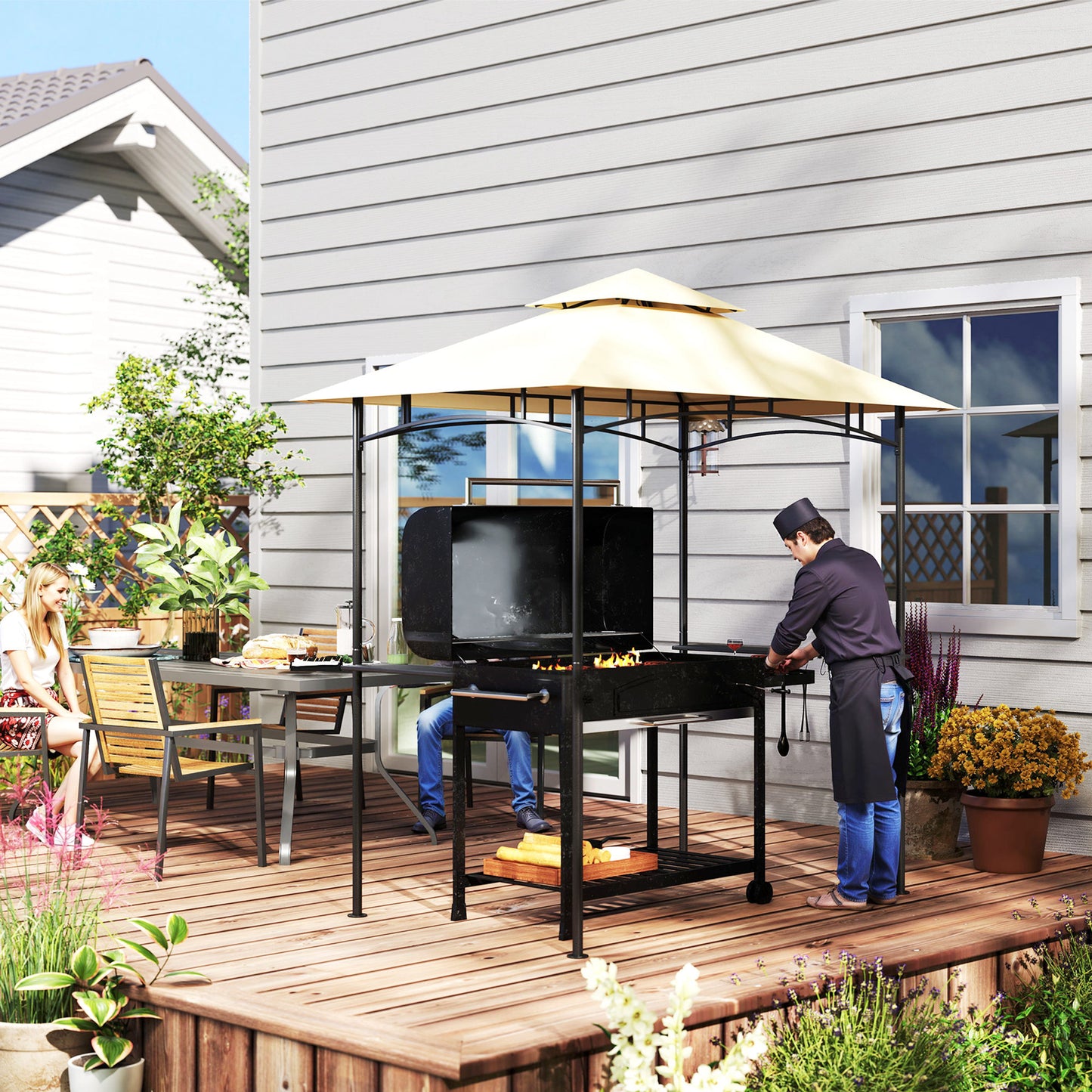 8' x 5' Outdoor Grill Gazebo, Double Tiered Barbecue Grill Gazebo Shelter with 2 Side Shelves, Hooks, Beige