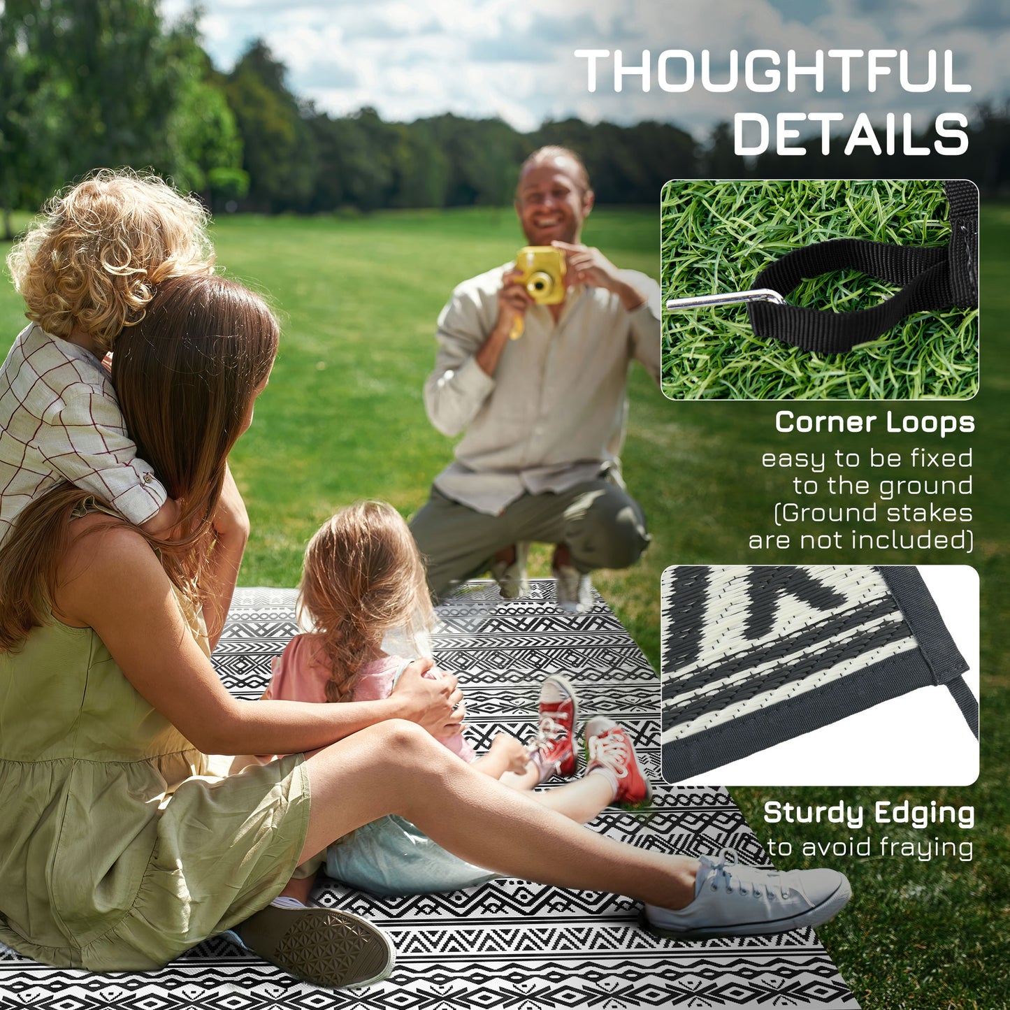 Reversible Outdoor Rug Waterproof Plastic Straw RV Rug with Carry Bag, 8' x 10', Grey and Cream White Boho