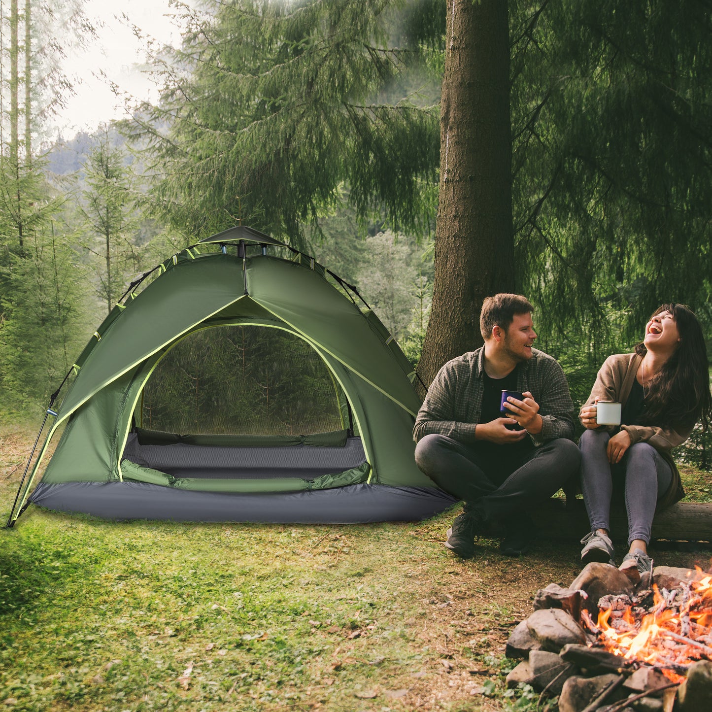 Camping Tent, 3 Person Family Tent, 1000mm Waterproof, with Sewn-in Groundsheet and Carry Bag, for Fishing, Dark Green