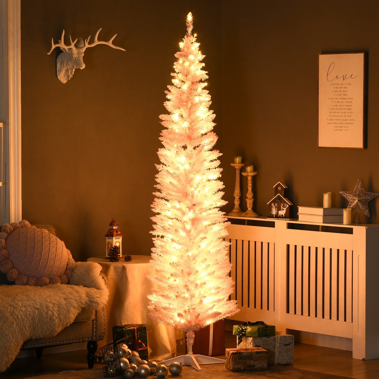 7' Pre Lit Artificial Pencil Christmas Trees, Xmas Tree with Realistic Branches and Warm White LED Lights, Pink
