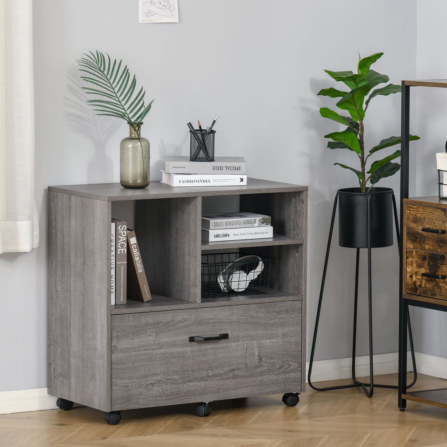 Lateral Filing Cabinet with Open Storage Shelf, Printer Stand, Mobile Office File Cabinet with Wheels for Letter and Legal Sized Files, Grey