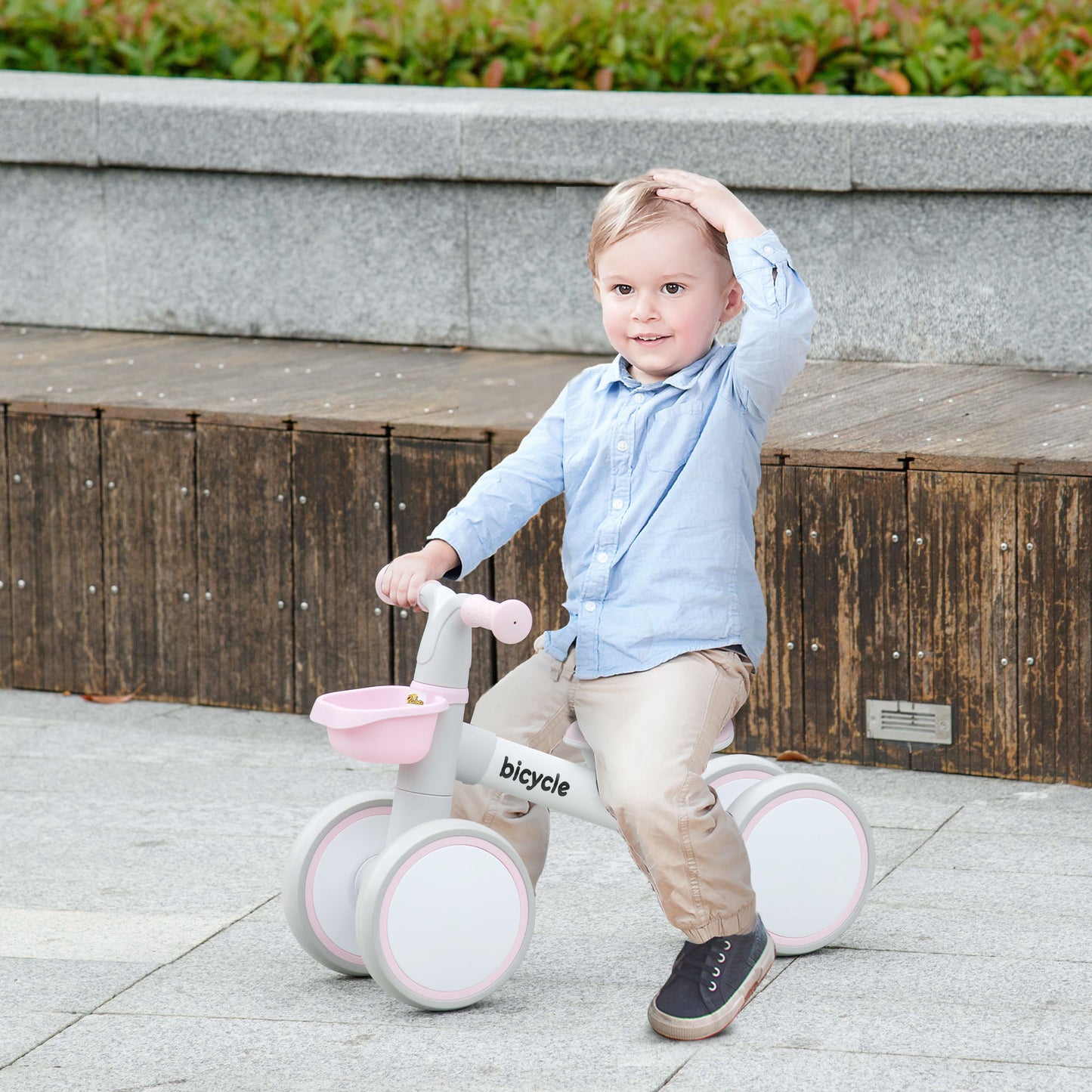Qaba Toddler Balance Bike for 12–36 Months with Adjustable Seat, Removable Basket, 4 Silent Wheels, Pink