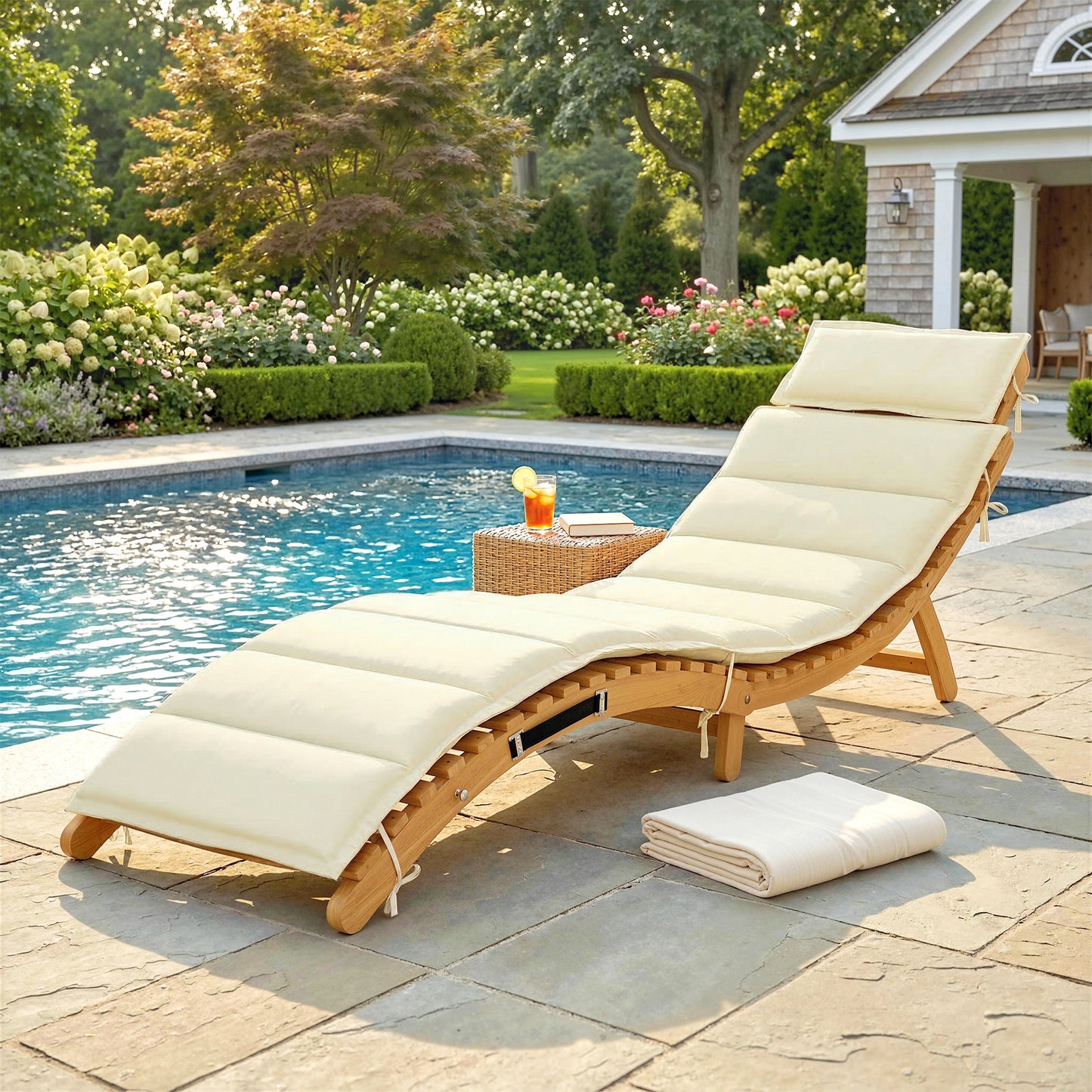 Folding Chaise Lounge Chair Outdoor, Acacia Wood Lounger Tanning Chair with Cushion, Headrest, Cream White