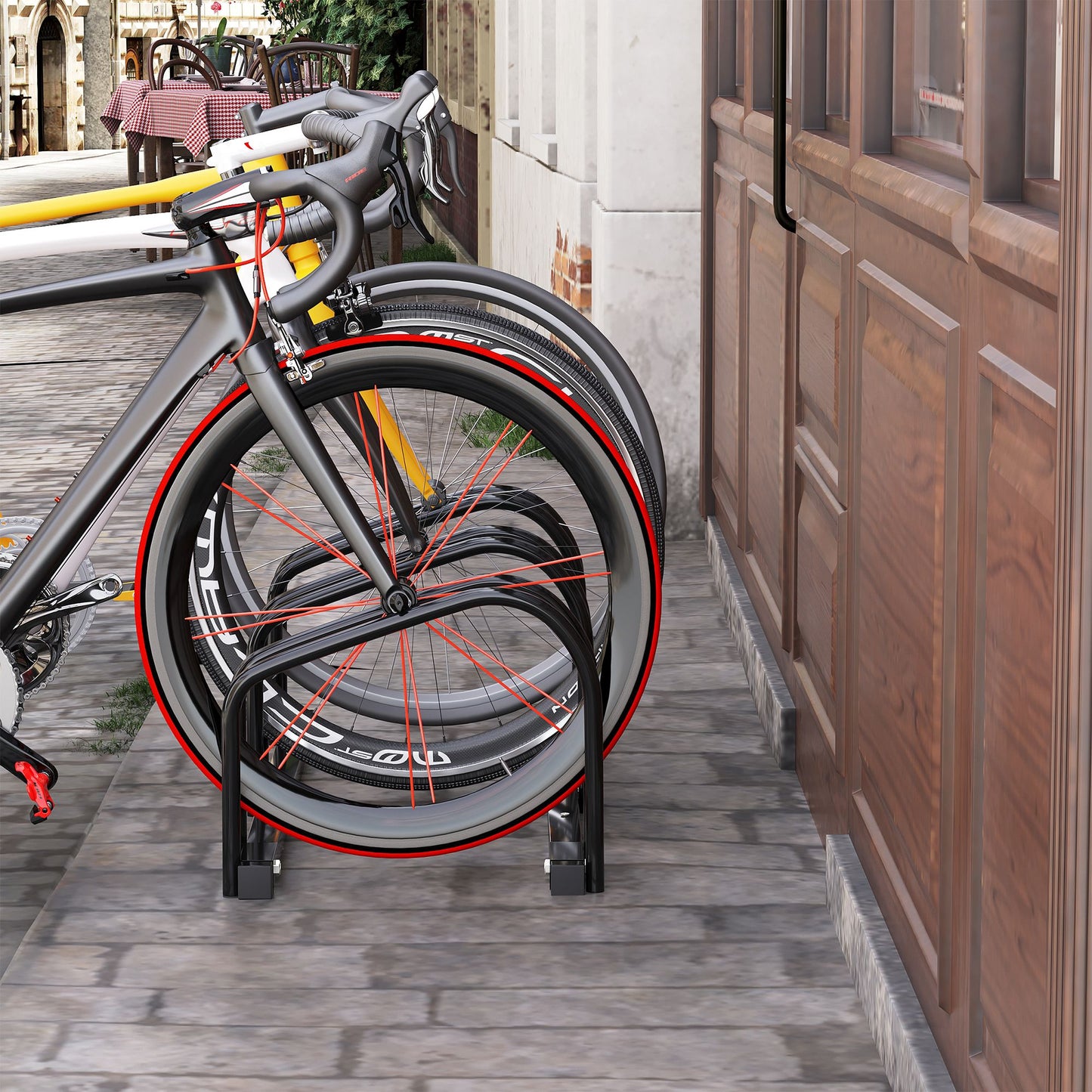 3-Bike Bicycle Floor Parking Rack Cycling Storage Stand Ground Mount Garage Organizer for Indoor and Outdoor Use Black