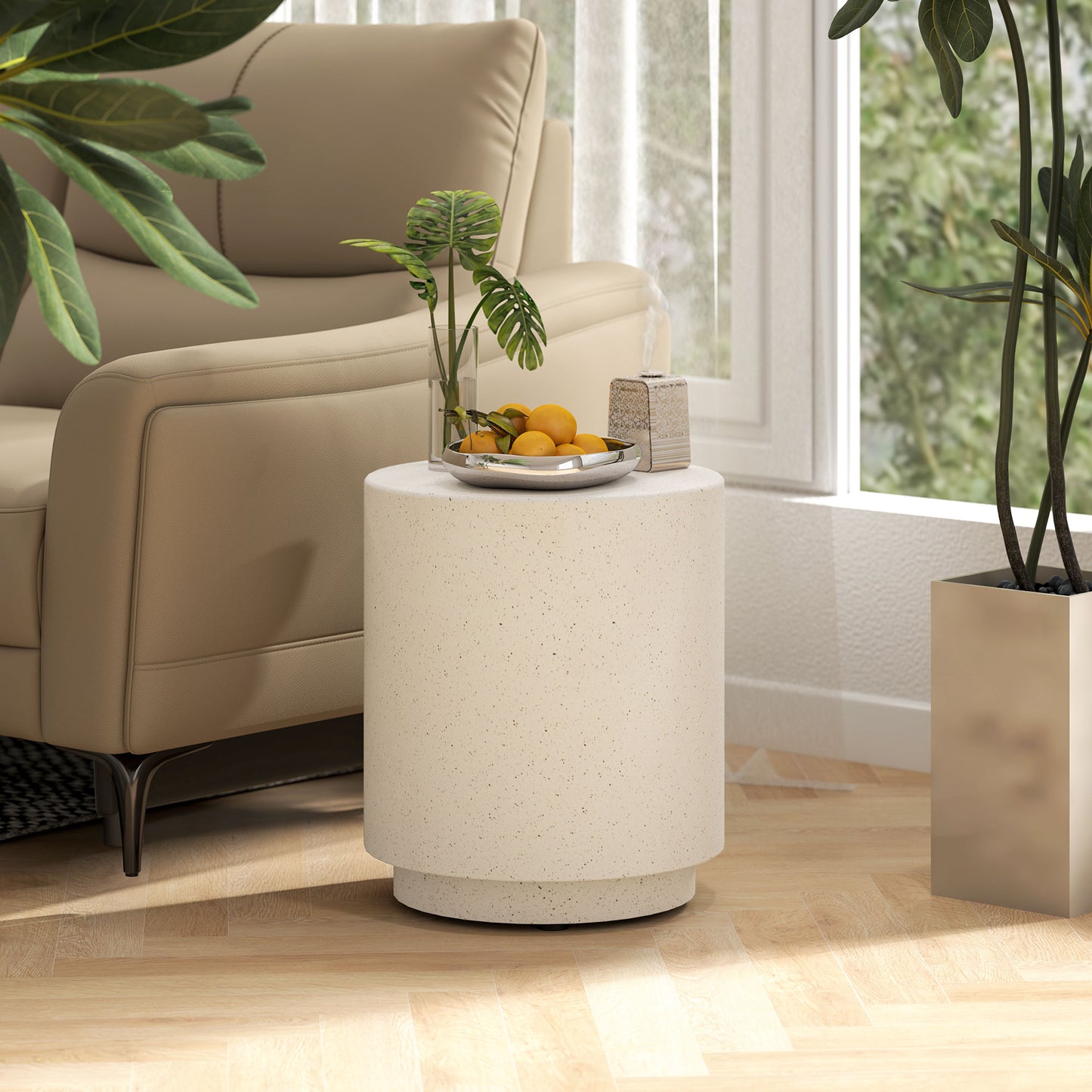 Terrazzo Finish Side Table, 17" Round End Table for Indoor and Outdoor, Cream White
