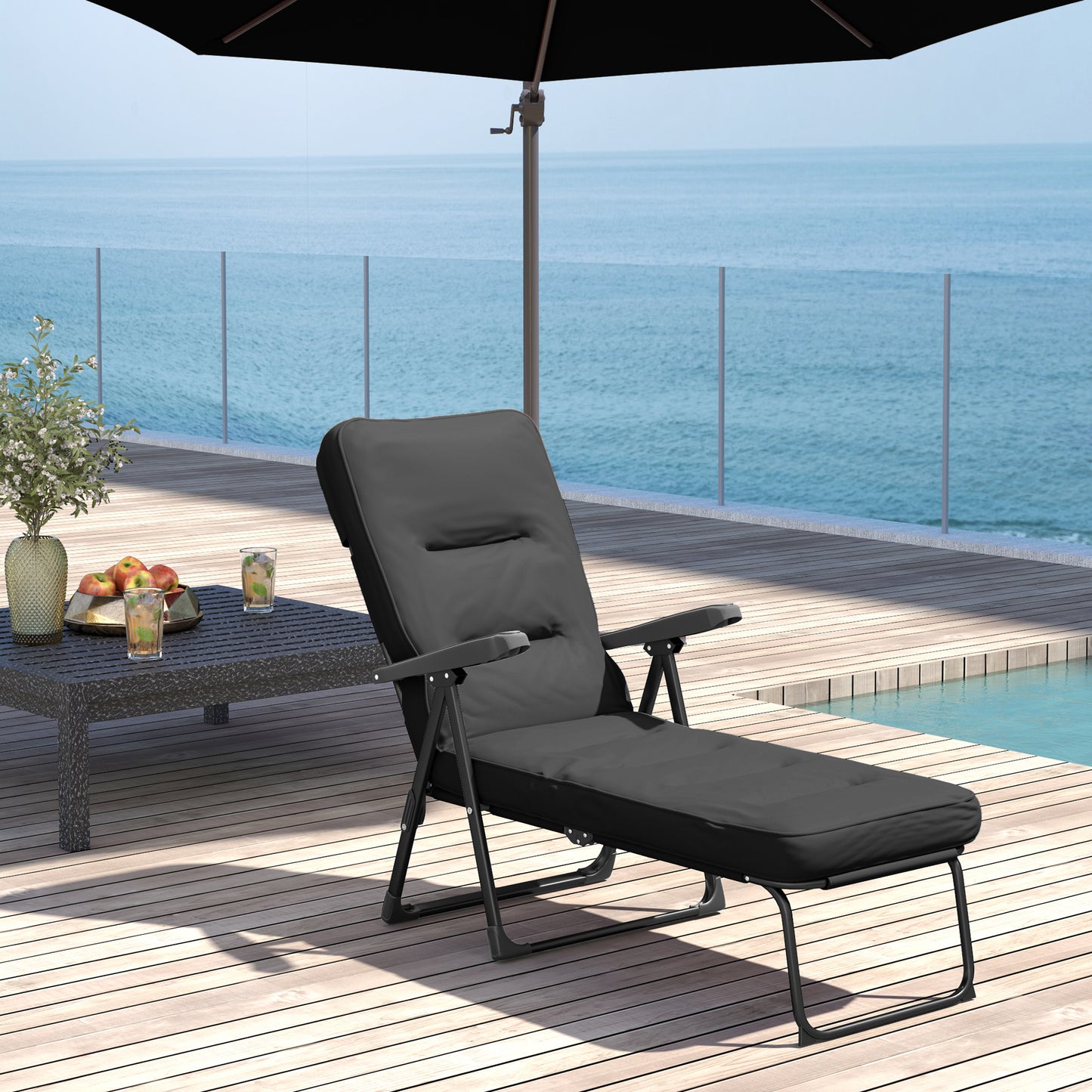 Folding Outdoor Lounge Chair with Cushion, Adjustable Backrest, Reclining Patio Garden Chair with Footrest, Black