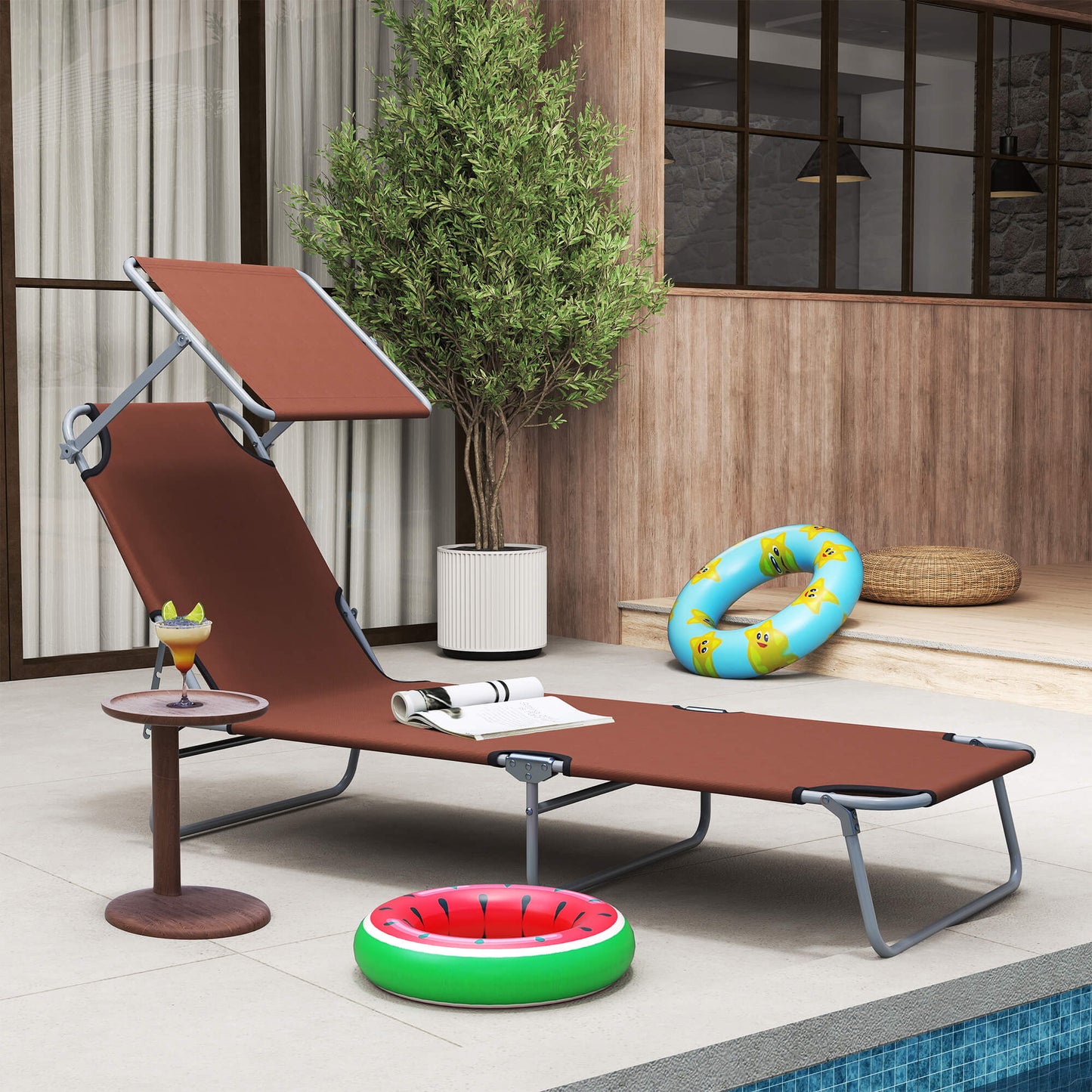 Outdoor Lounge Chair, Adjustable Folding Chaise Lounge, Tanning Chair with Sun Shade for Beach, Camping, Hiking, Backyard, Brown