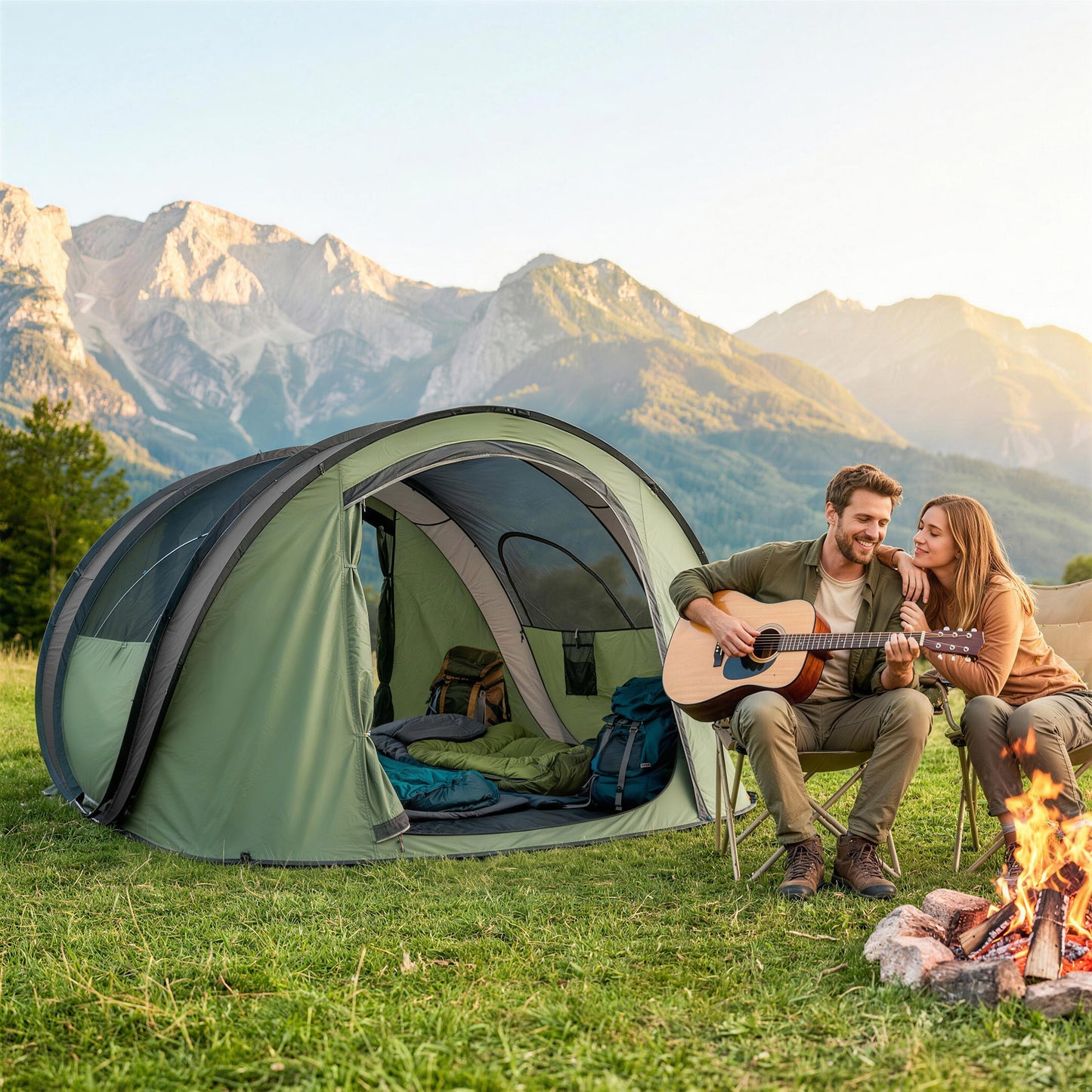 Family Tent Pop-Up Camping Tent with 2 Doors 2 Windows for 4-5 Person Waterproof Green