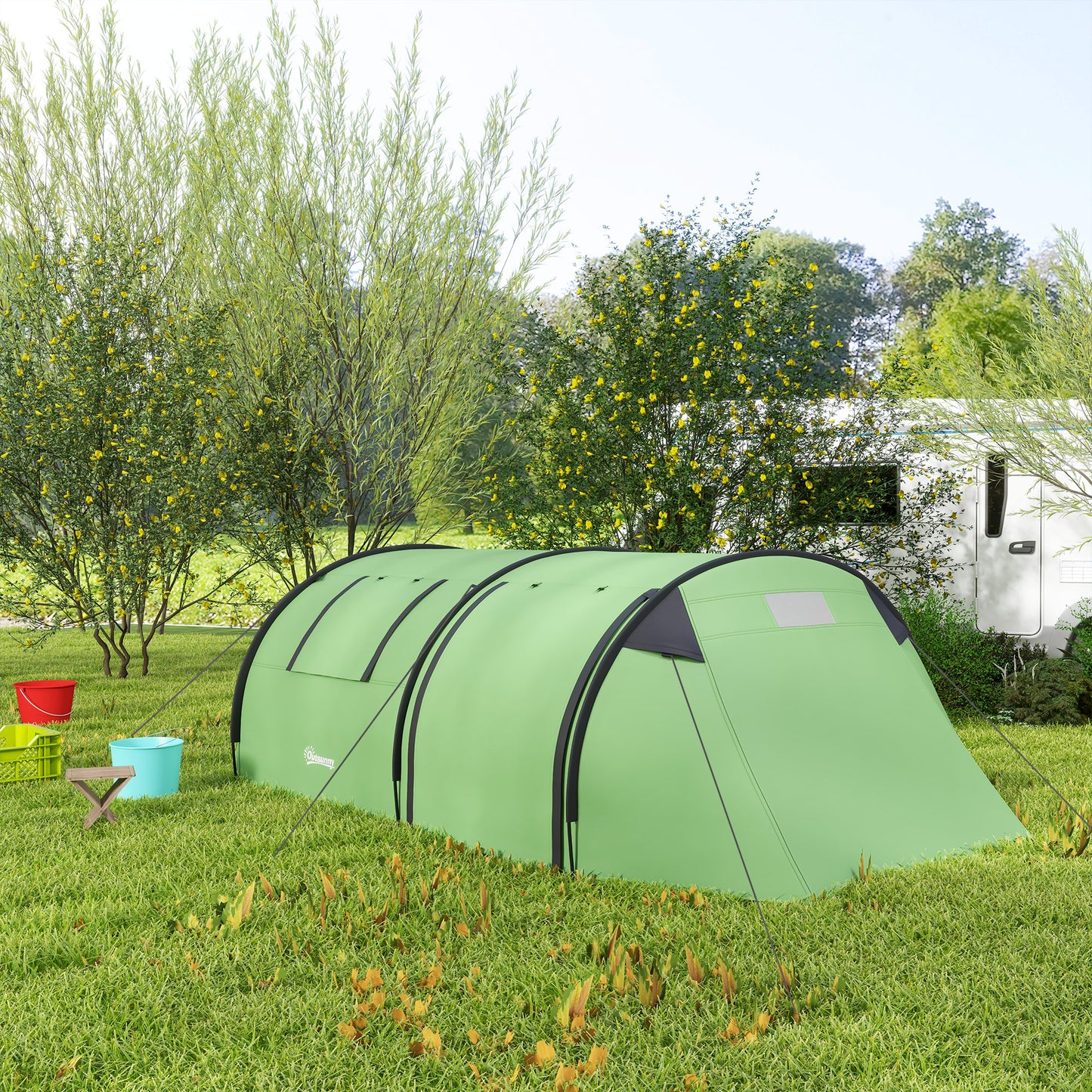 3-4 Person Camping Tent with 2 Rooms, 3000mm Waterproof Portable Family Tent with Carry Bag, Dark Green