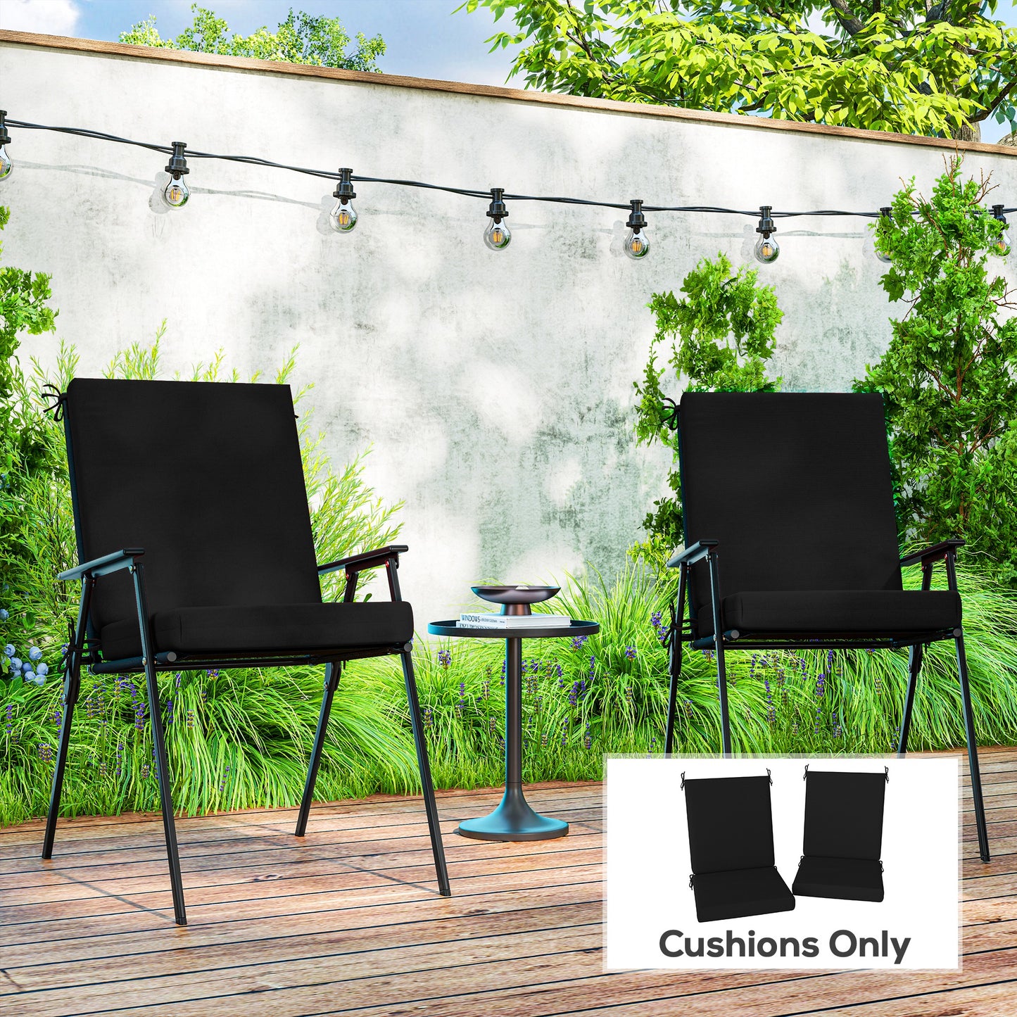 Outdoor Cushions Set of 2 for Dining Chairs, Outdoor Seat Cushions with Back, Fade-Resistant Yarn-Dyed Polyester, Black
