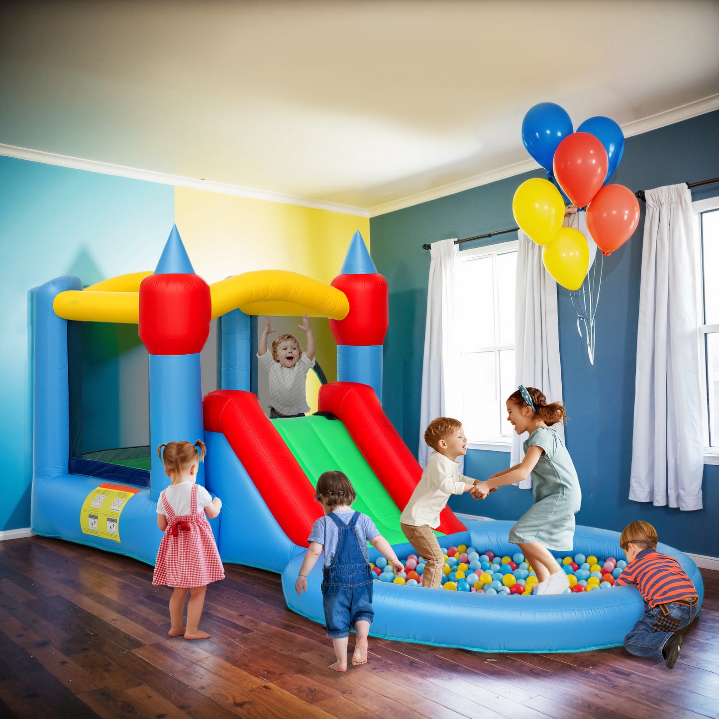 Qaba 4 in 1 Inflatable Bounce House with Slide, Basketball Hoop, Ball Pit, Blower, Storage Bag, 163" x 81" x 75"
