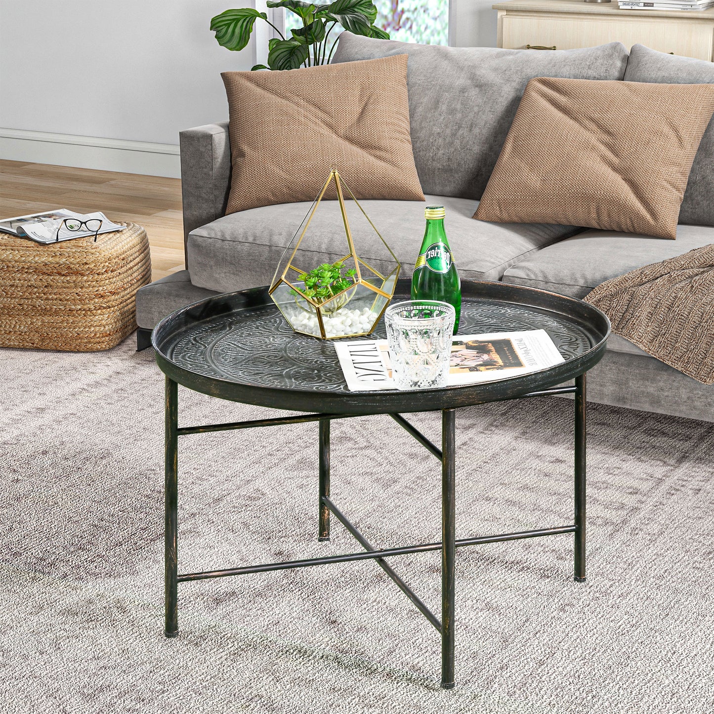 Vintage Coffee Table for Living Room, 24" Round Center Table with Hammered Tray Top and Metal Frame, Pewter