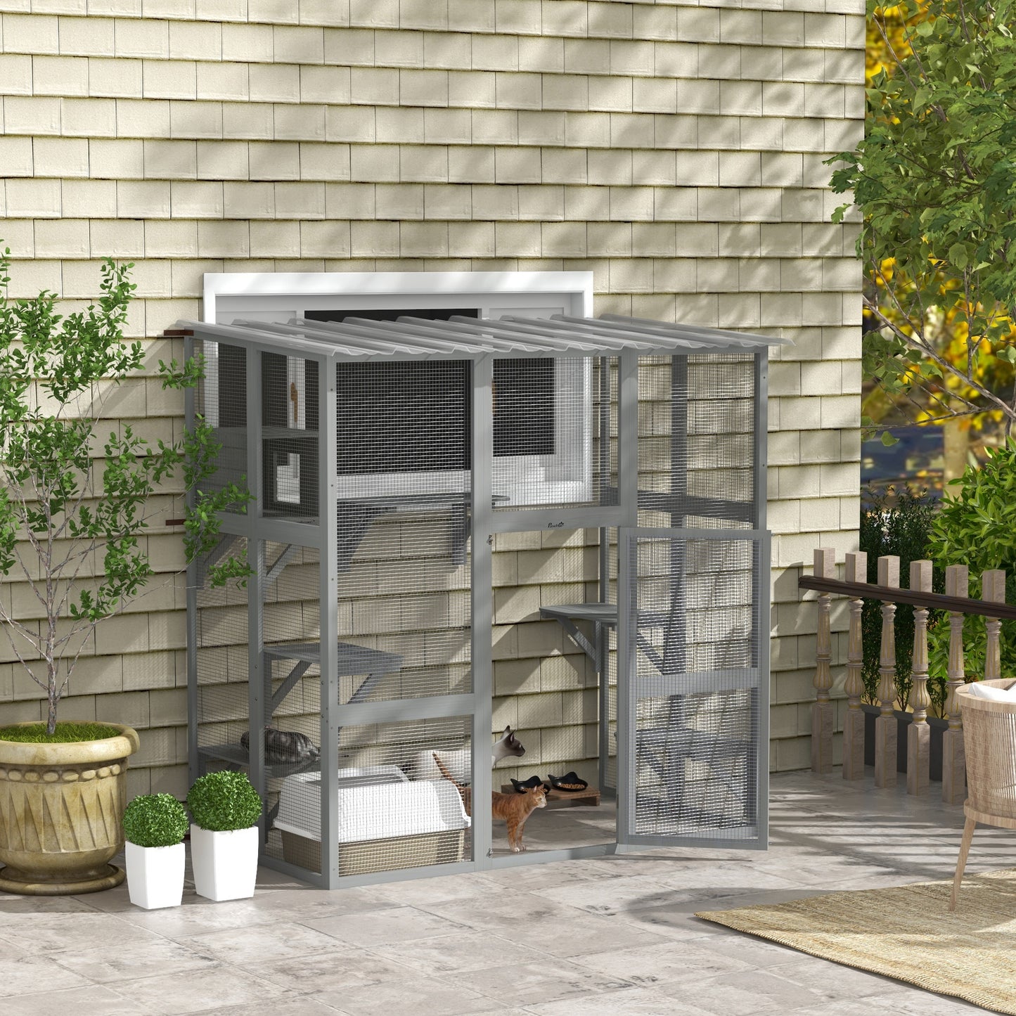 Large Outdoor Catio with Weatherproof Roof, Bridge, Resting Box, Platforms, Grey
