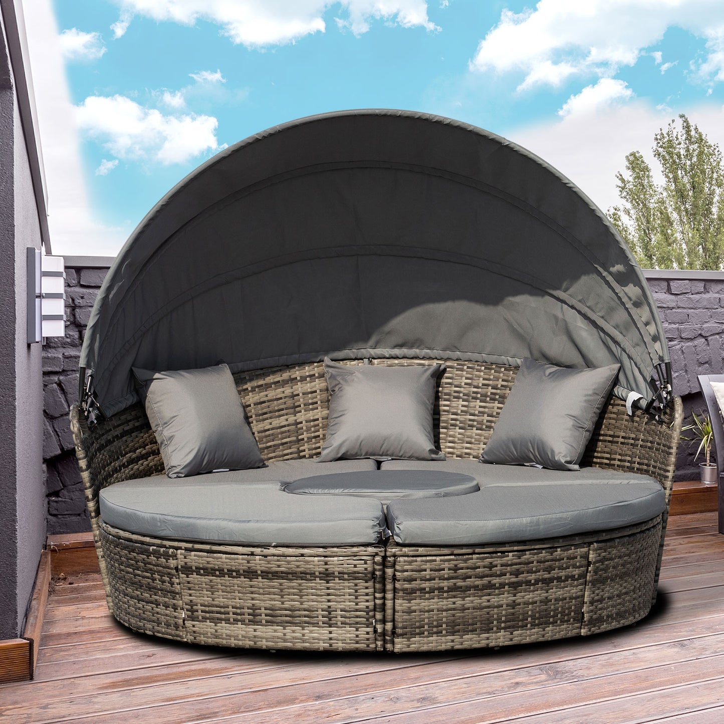 4 Pieces Outdoor Daybed with Retractable Canopy, PE Rattan Wicker Round Sofa Day Bed, Patio Sectional Conversation Furniture Set with Cushions and Pillows, Grey